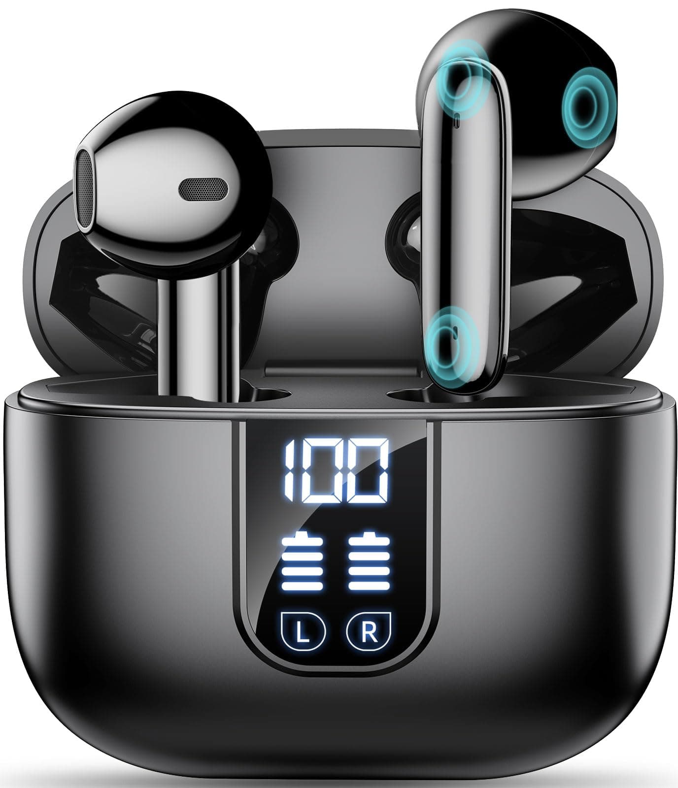 Wireless Earbuds Bluetooth 5.4 In Ear Buds 6 Mic ENC Noise Cancelling Clear Calls, Deep Bass HiFi Stereo Sound Earphones 35H Playtime LED Power Display IPX7 Waterproof Headphones for Android iOS Black