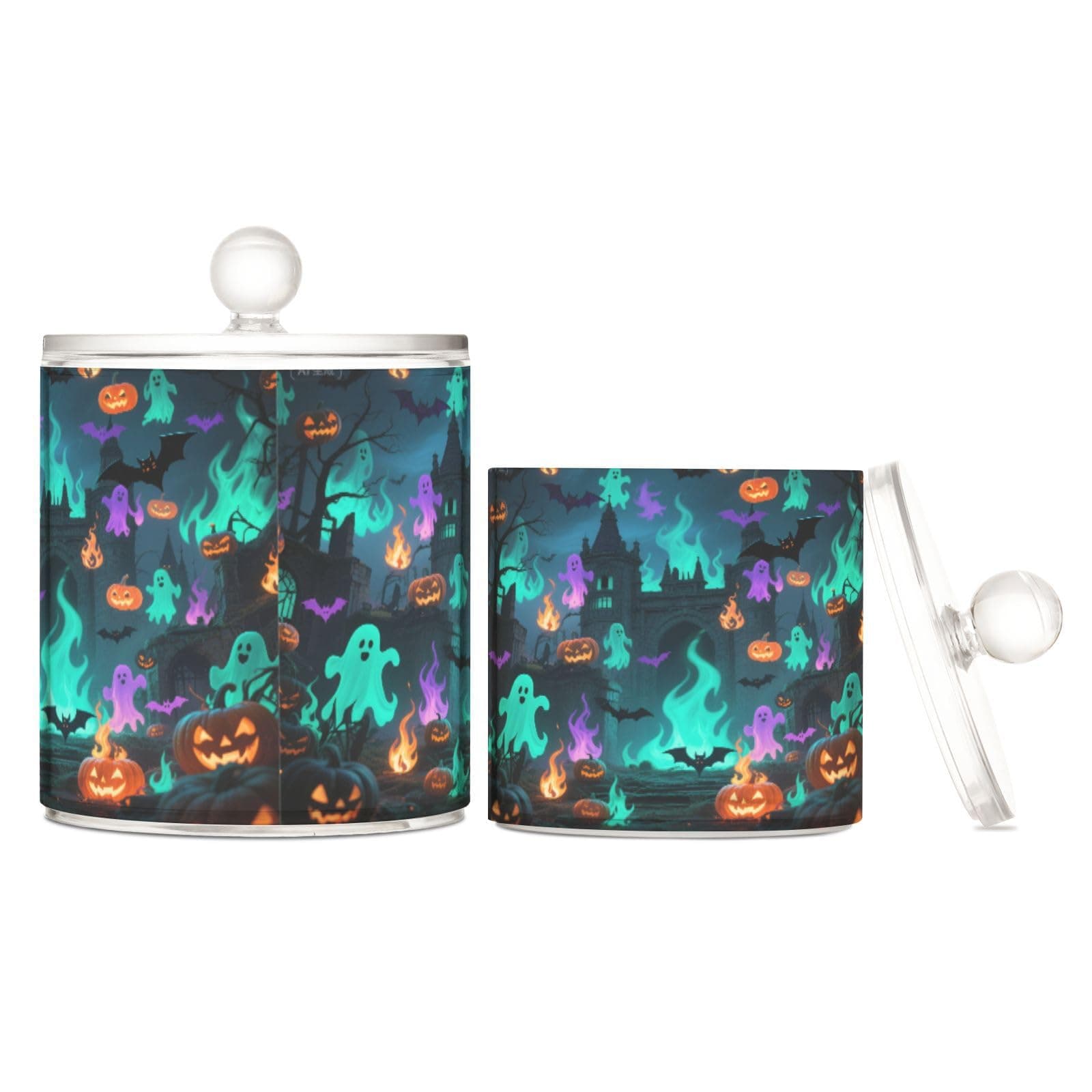 Halloween Terrifying Green Fire Clear Plastic storage container with lid Pantry Essentials Decorative storage bin for Cotton Swabs,Cotton Pads,Floss Picks,Paper Clips,2 Pack