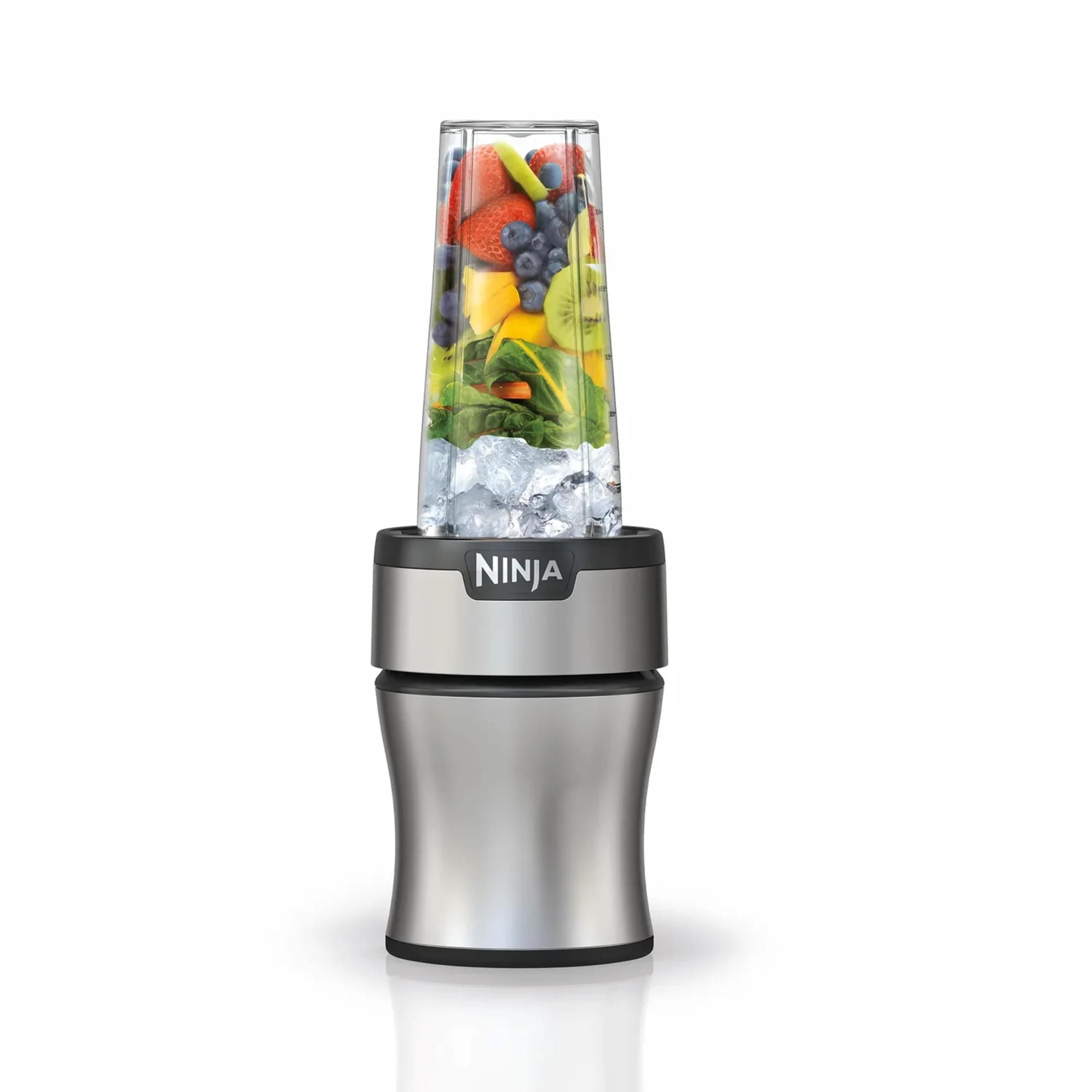 Ninja BN301 Nutri-Blender Plus Compact Personal Blender, 900-Peak-Watt Motor, Frozen Drinks, Smoothies, Sauces & More, (3) 20 oz. To-Go Cups, (2) Spout-Lids (1) Storage-Lid, Dishwasher Safe, Silver Push to blend + 3 cups