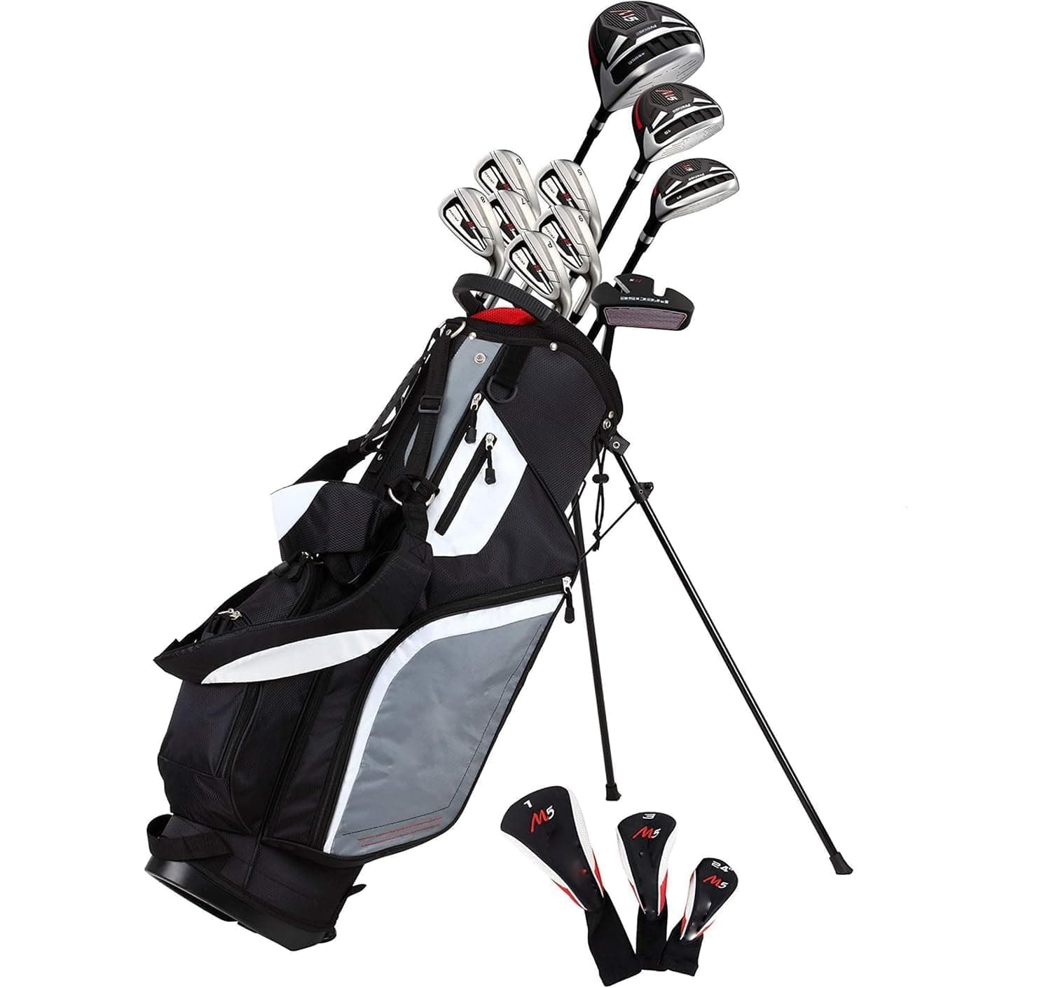 Pre-Sale M5 Men's Complete Golf Clubs Package Set Includes Titanium Driver, S.S. Fairway, S.S., S.S. 5-PW Irons, Putter, Stand Bag, 3 H/C's