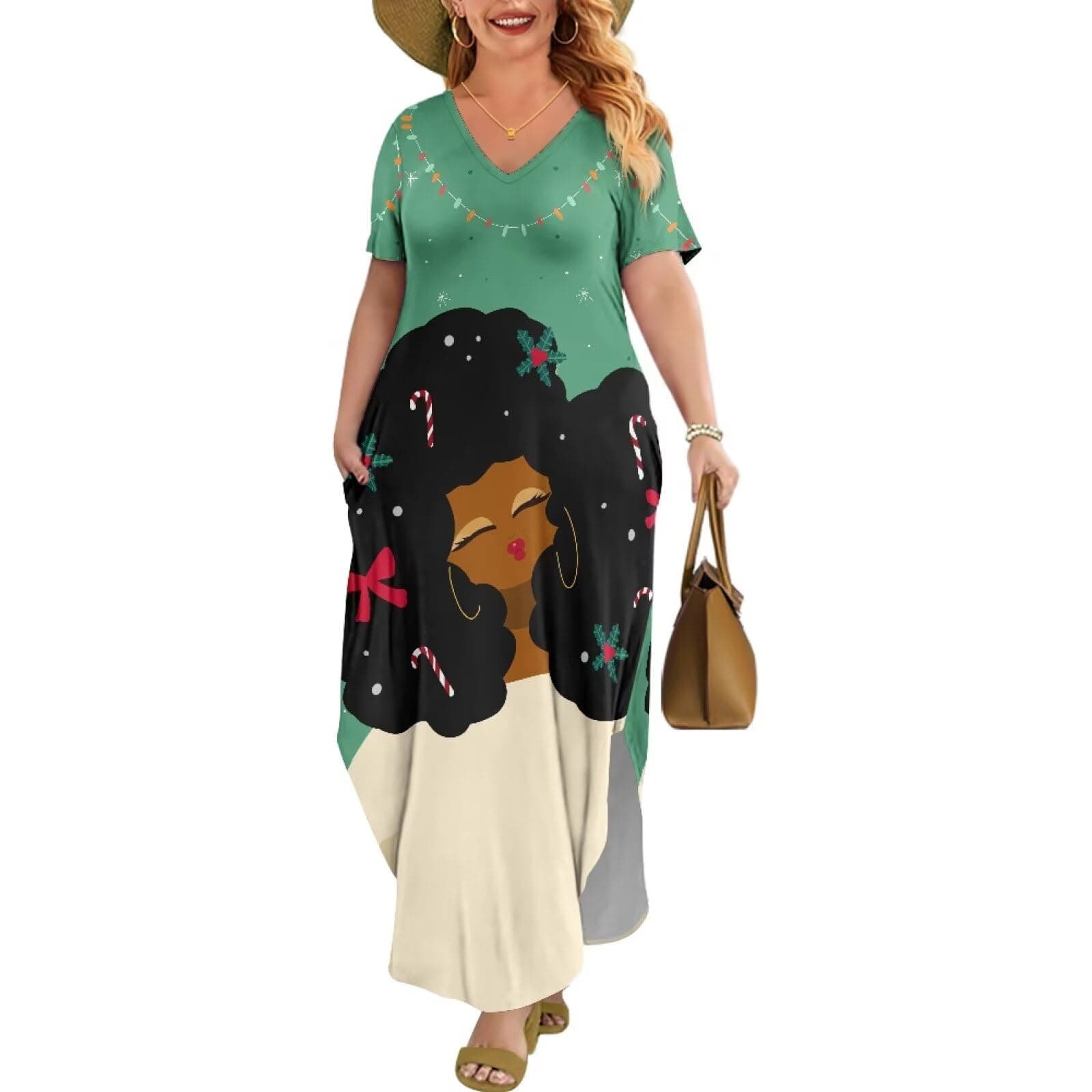 Women's Summer Dress African American Culture V-Neck Short Sleeve Long Dress Street Fashion Fashionable African Woman Print XX-Large