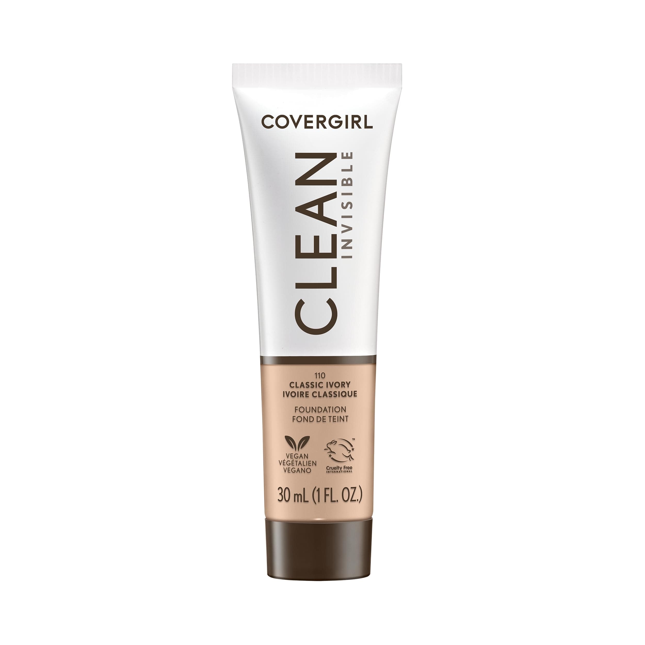 COVERGIRL Clean Invisible Foundation Makeup, Dewy & Glowy Natural Finish, Buildable Coverage, Skin-Like Smooth Look, Vegan, Classic Ivory, 1oz Classic Ivory 1 Fl Oz (Pack of 1)
