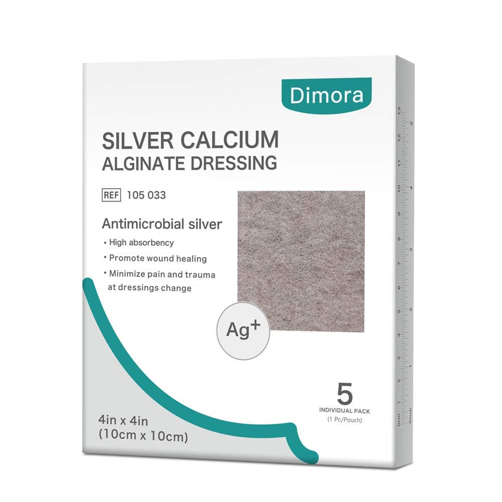 Dimora Ag Silver Calcium Alginate Wound Dressing Pads, 4'' x 4'' Patches, 5 Individual Pack, Highly Absorbent Dressing, Non-Stick Sterile Gauze Ag alginate 5pack