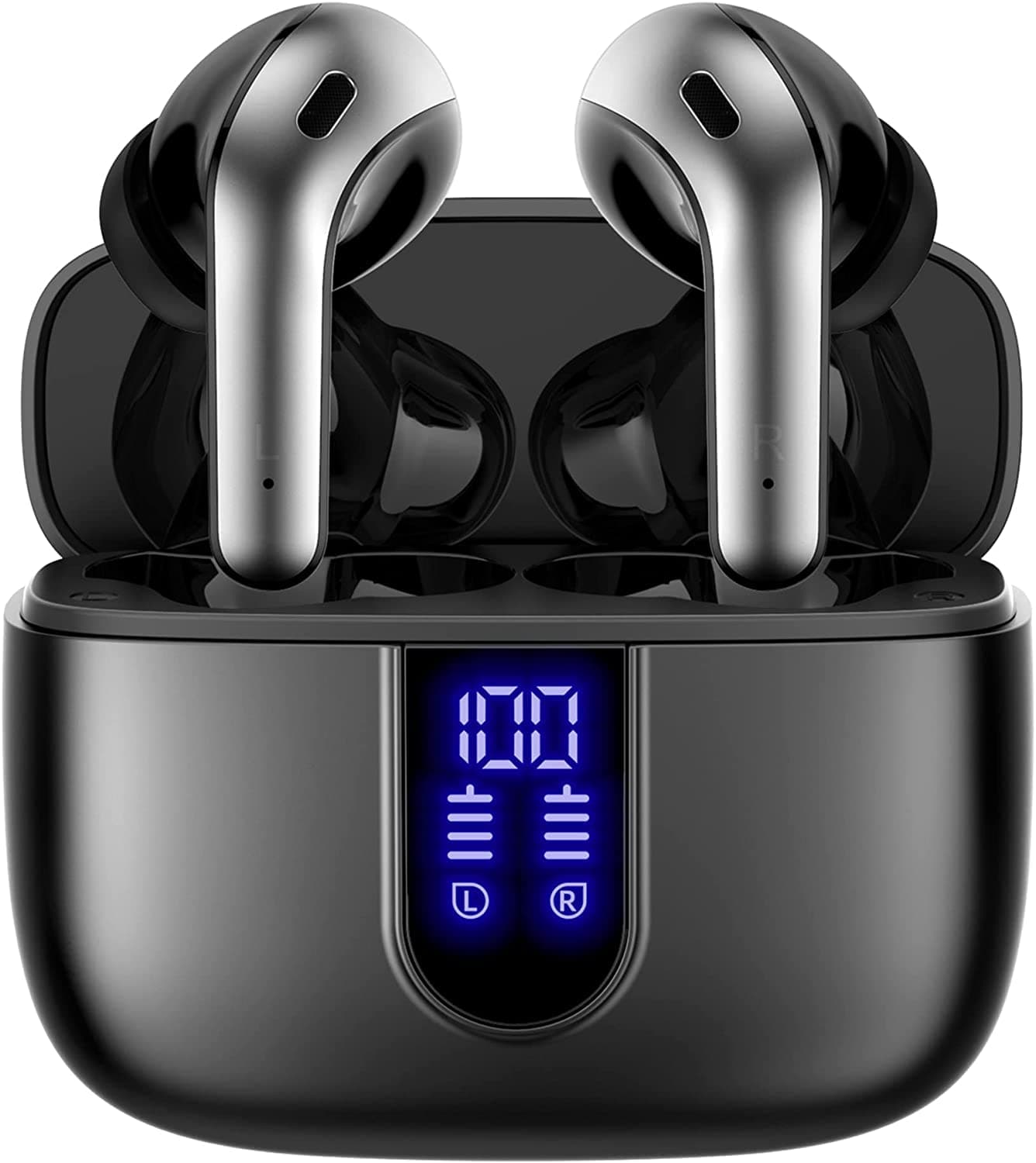 TAGRY Bluetooth Headphones True Wireless Earbuds 60H Playback LED Power Display Earphones with Wireless Charging Case IPX5 Waterproof in-Ear Ear buds with Mic for TV Smart Phone Laptop Computer Sports M Black