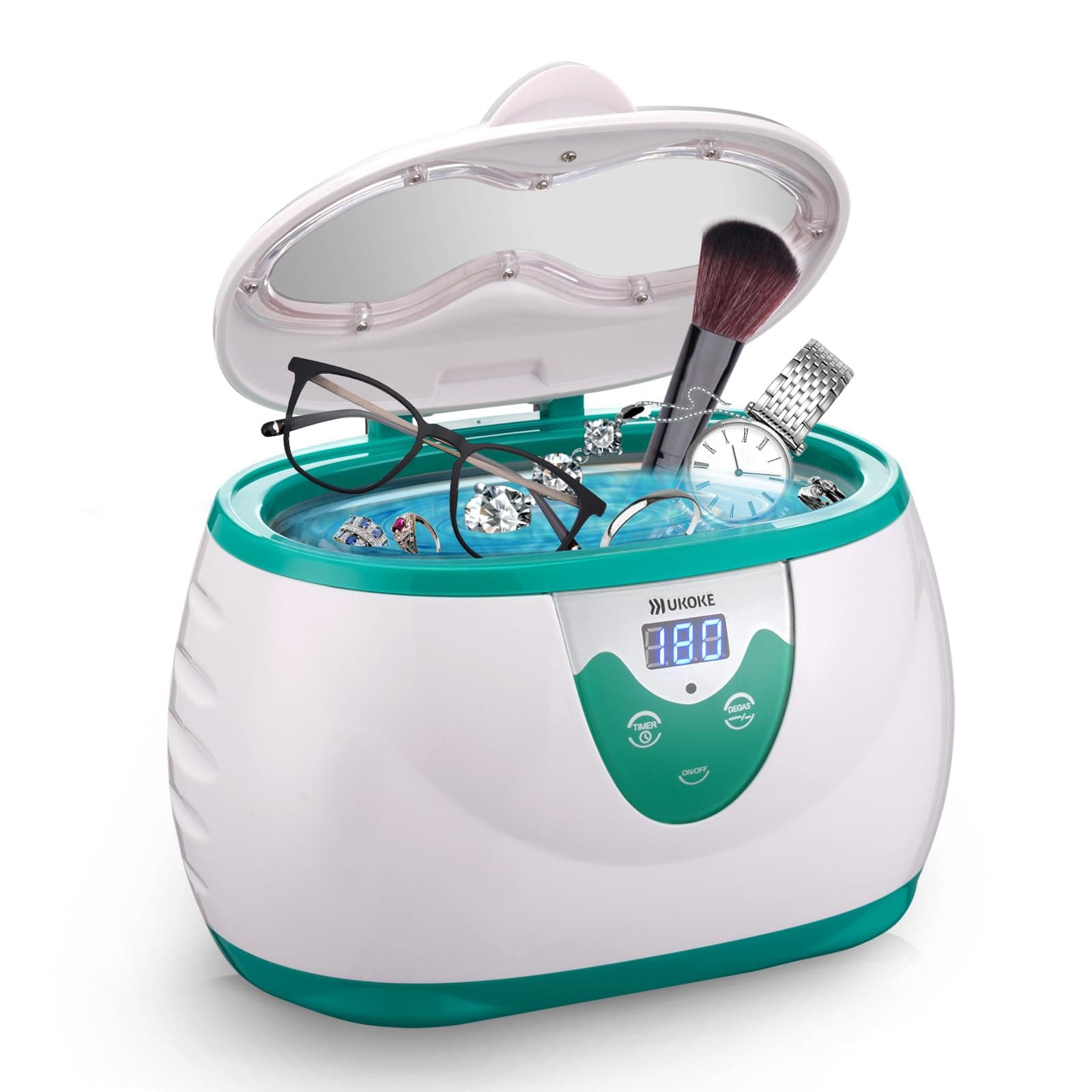 UKOKE Ultrasonic Jewelry & Retainer Cleaner – Professional Ultrasonic Cleaner Machine for Dentures, Mouth Guards, Braces, Toothbrush Heads, Rings & Watches with Timer – Perfect Christmas Gift Green 0.6 L Ultrasonic Cleaner
