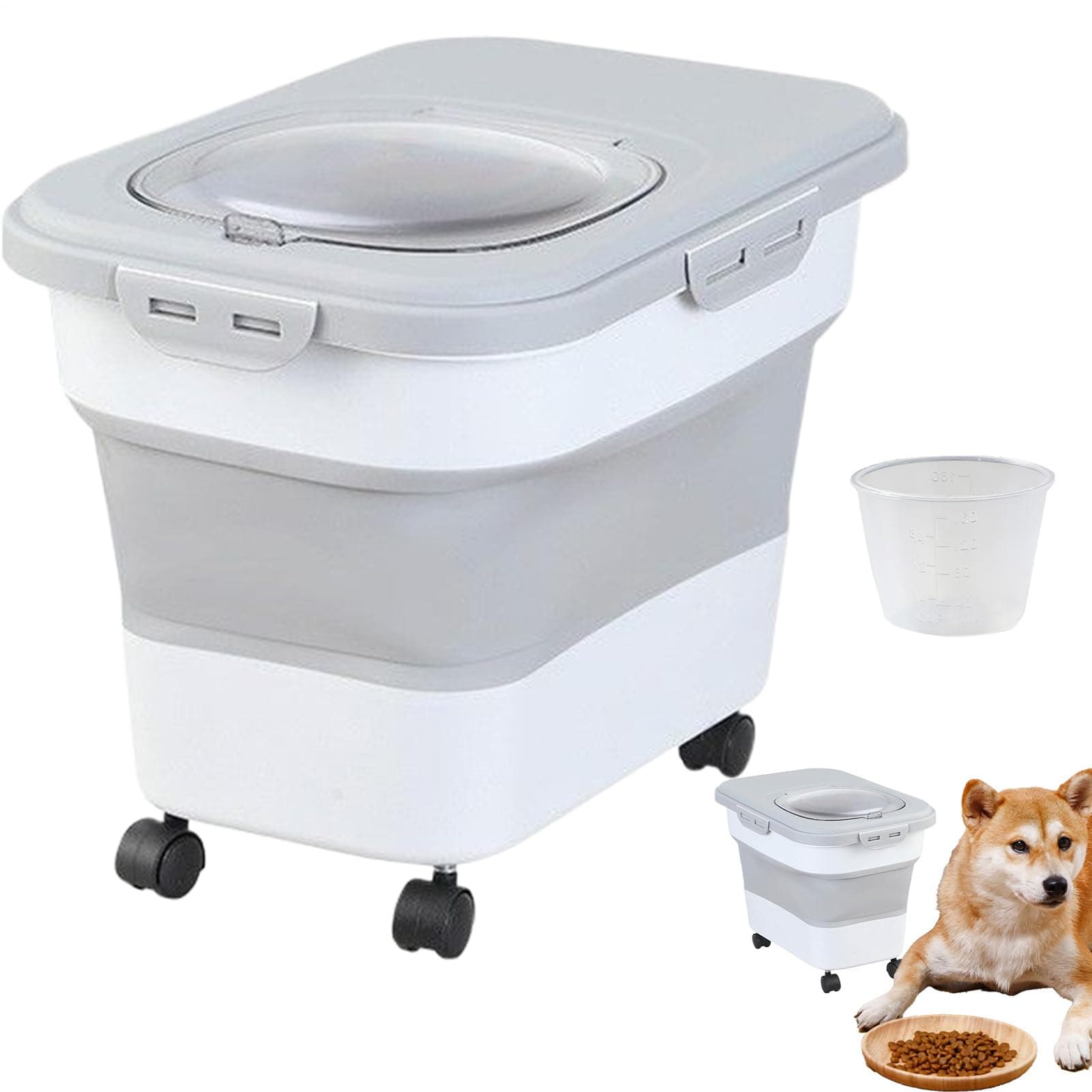 Cat Food Storage Container | Folding Container for Dog Food with Cup - Airtight Bucket for Pet Grain Rice Flour Cereal Kitchen Pantry Cabinet Shelf Gray