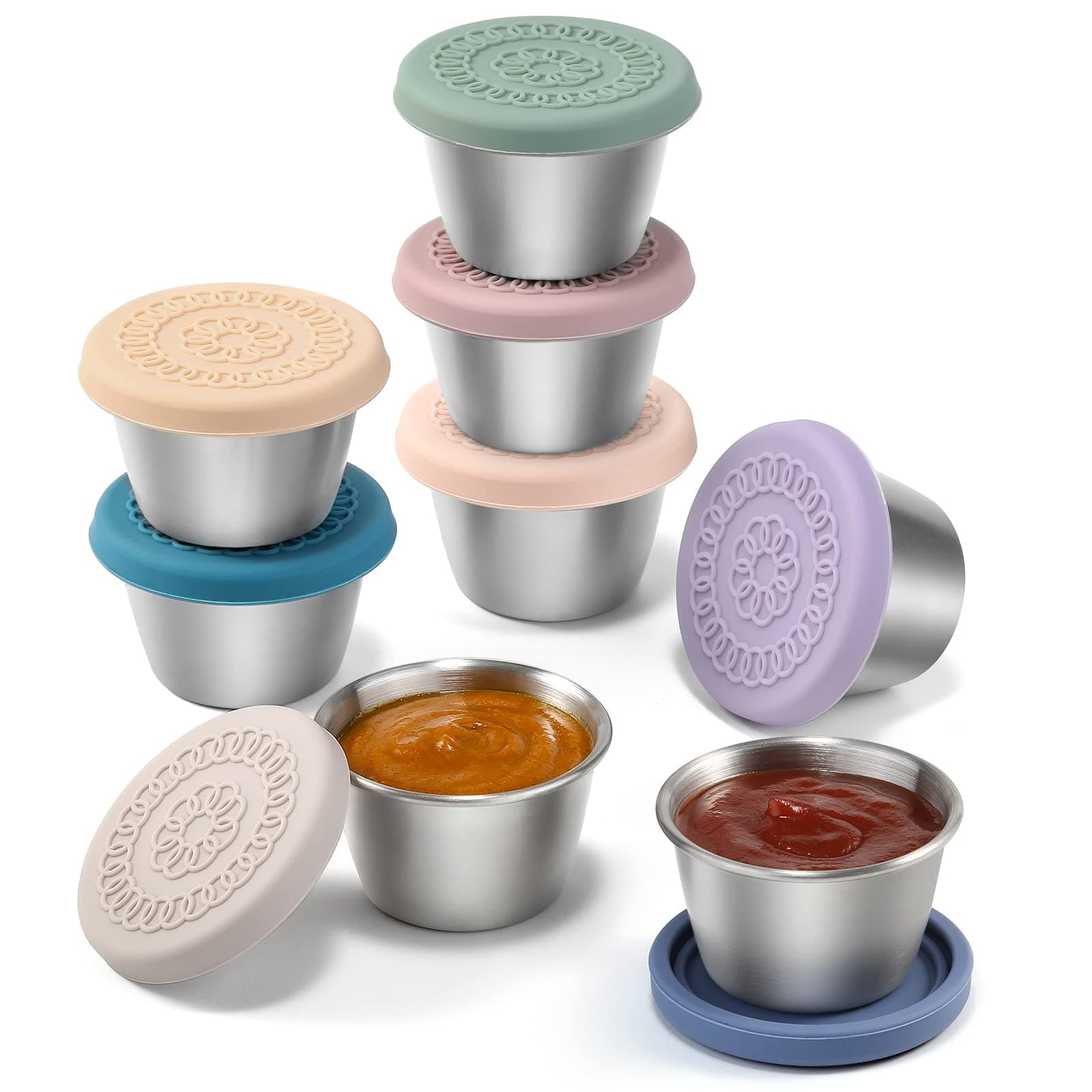[8 Pack] Salad Dressing Container To Go, 2.4oz Small Condiment Containers with Leakproof Silicone Lids, Reusable Stainless Steel Sauce Cups for Lunch Bento Box, Picnic and Travel 2.4 OZ