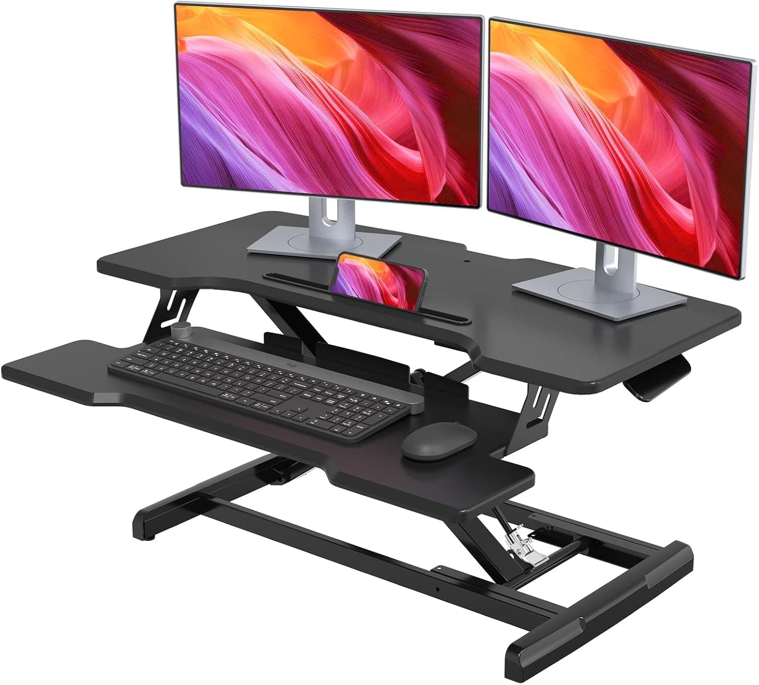 Standing Desk Converter 32 inch, Height Adjustable Sit Stand Desk Riser, Quick Sit to Stand Tabletop Dual Monitor Riser Workstation for Home Office with Keyboard Tray, Black Black 32"