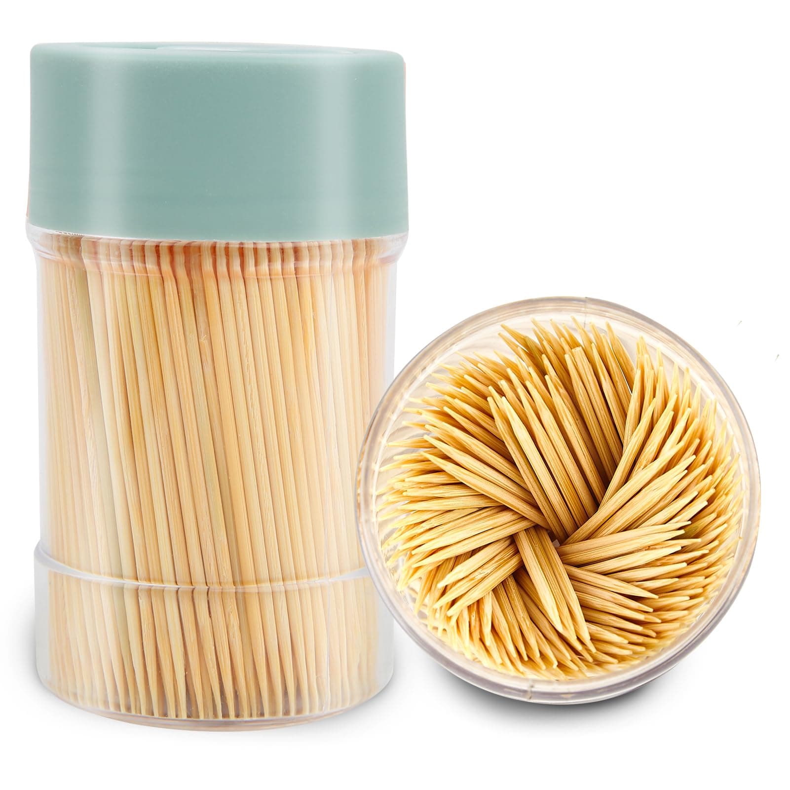 Bamboo Toothpicks [3000 Count] - With Reusable Toothpick Holder, Sturdy Smooth Finish Tooth Picks, for Party, Appetizer, Olive, Barbecue, Fruit and Teeth Cleaning, Green.