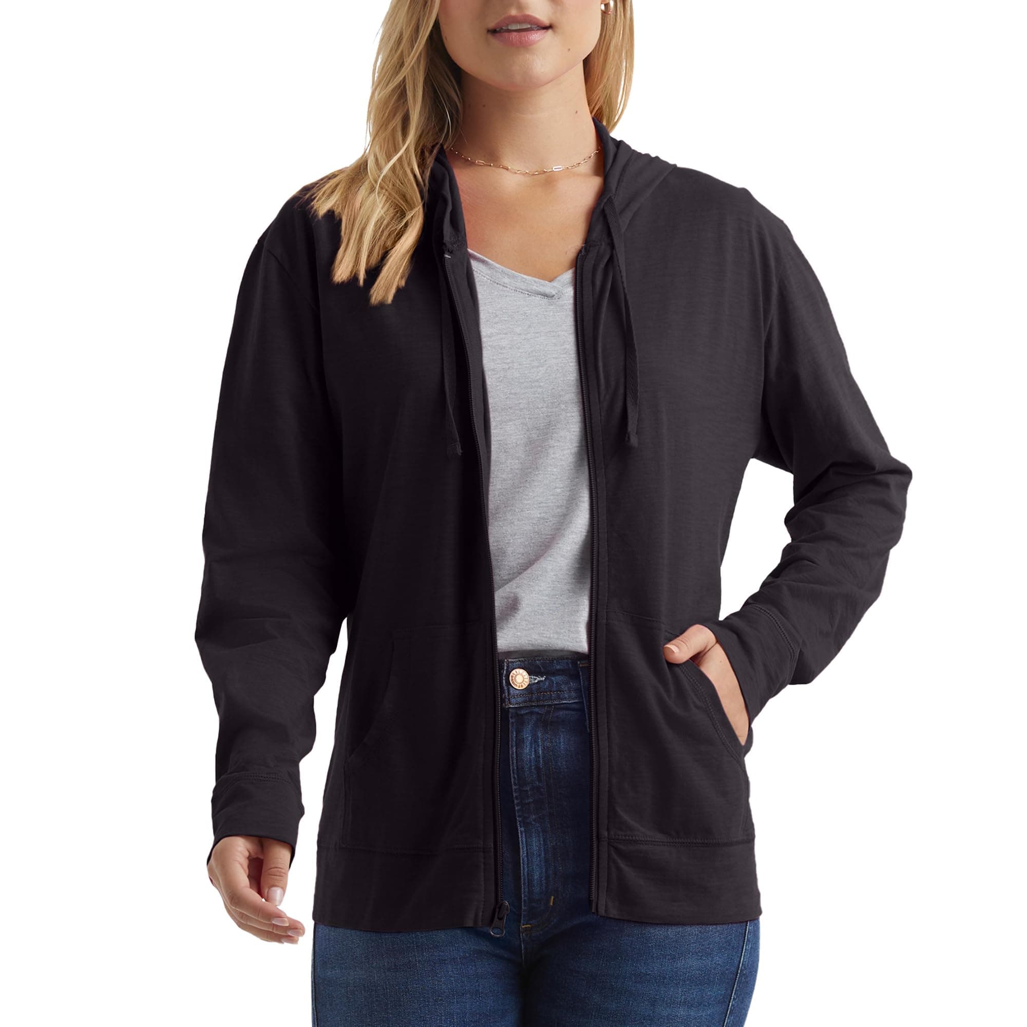 Hanes Women’s Slub Knit Full-Zip Hoodie, Textured Cotton Zip-Up T-Shirt Hoodie for Women Large Black