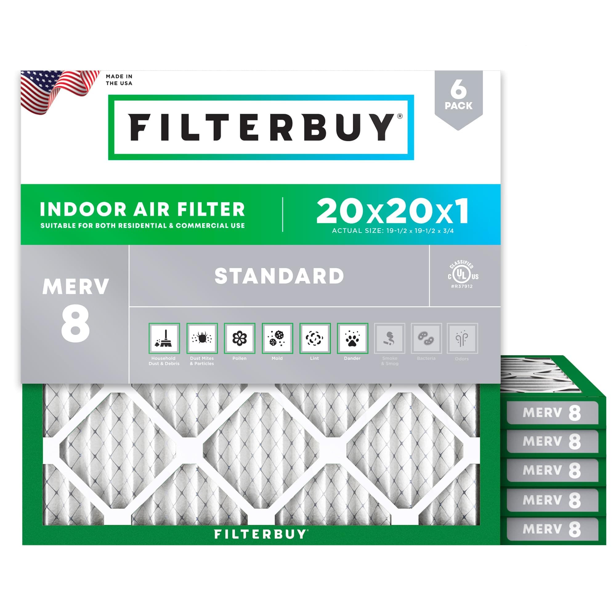 Filterbuy 20x20x1 Air Filter MERV 8 (MPR 700) Dust Defense Replacement (6-Pack), Electrostatic Pleated HVAC AC Furnace Filters, Made in USA (Actual Size: 19.50 x 19.50 x 0.75)