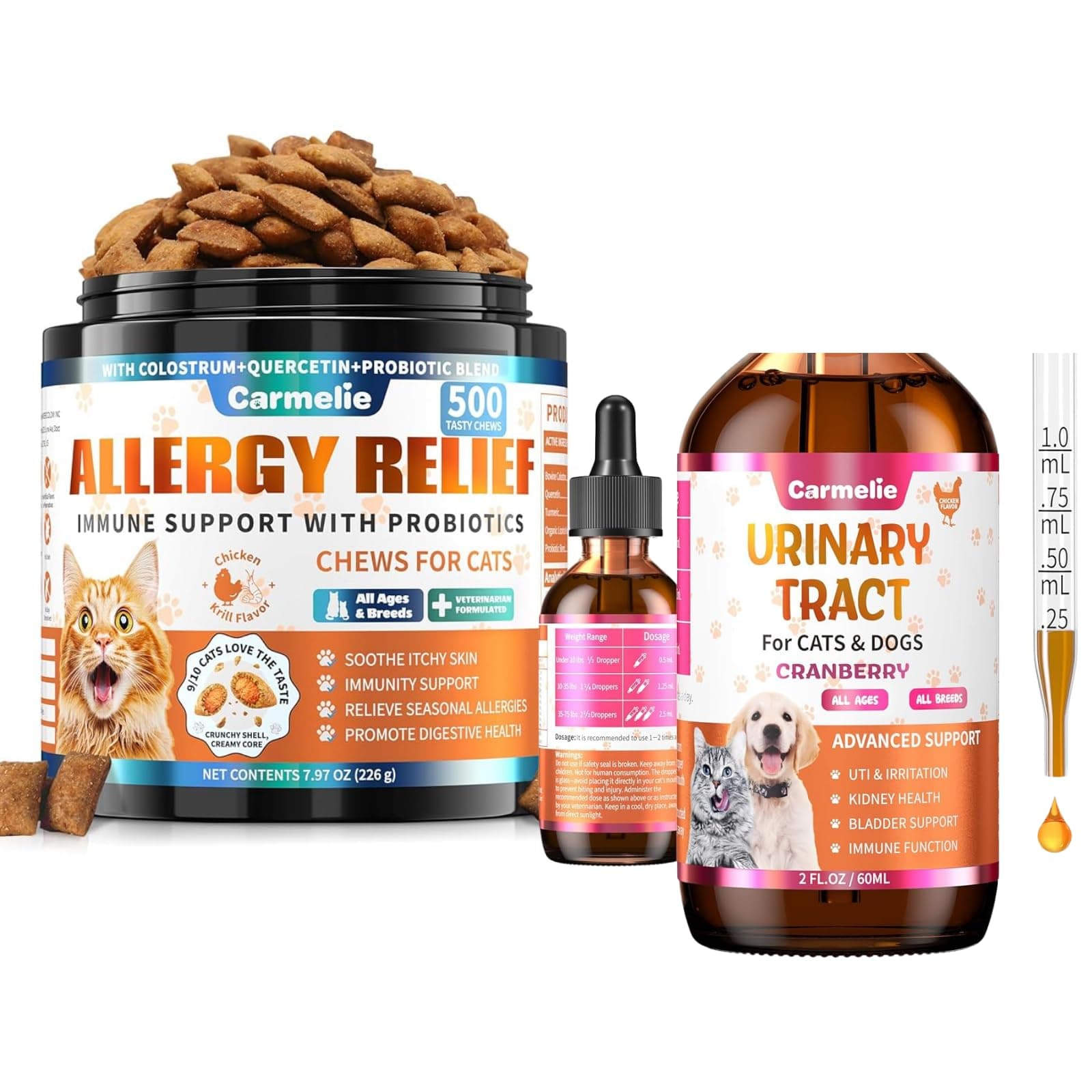 Cat Allergy Relief & Urinary Support Bundle – 500 Crunchy & Creamy Allergy Chews + Cranberry Urinary Drops – Skin, Immune & Bladder Health for Cats & Dogs – Chicken & Krill Flavor