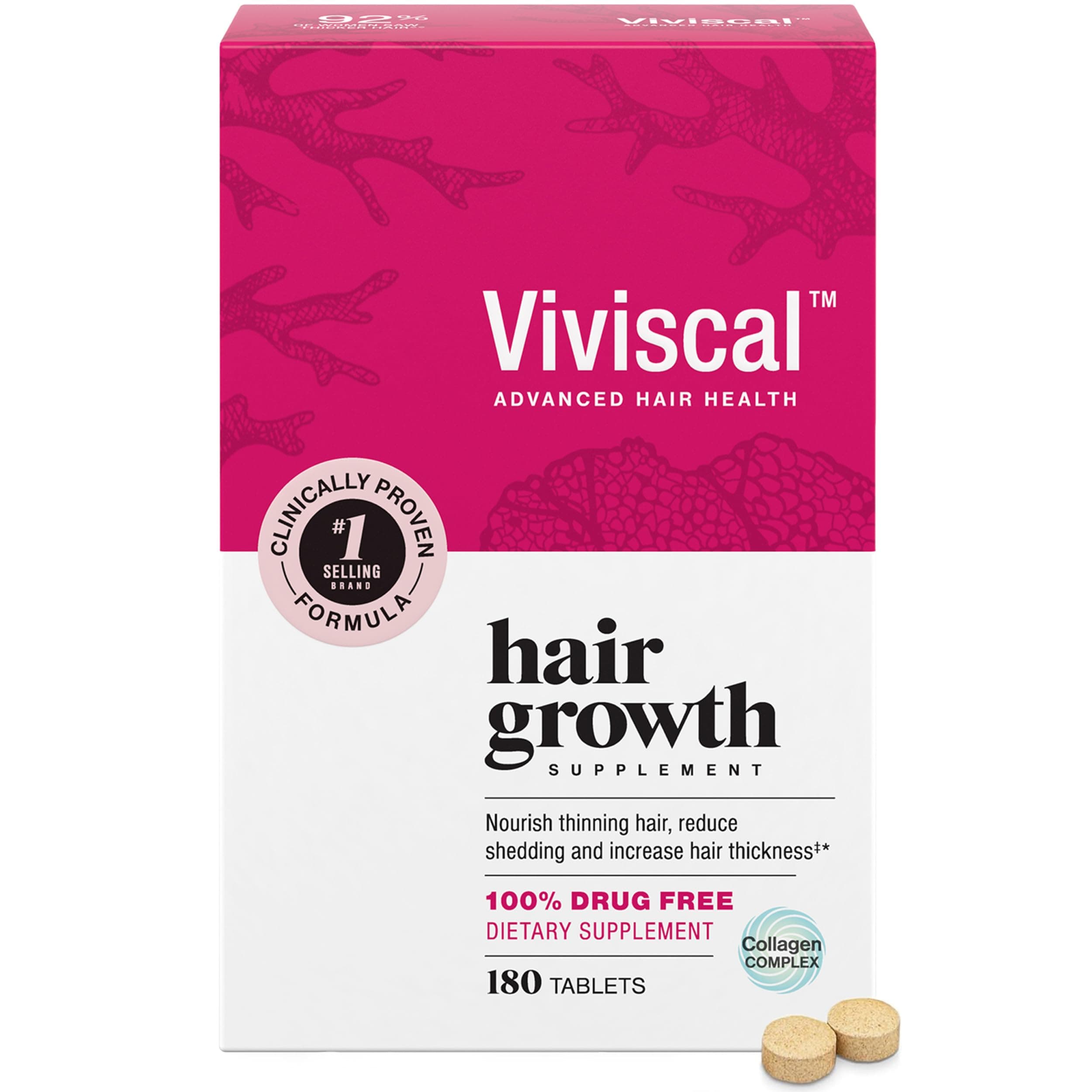 Viviscal Hair Growth Supplements for Women, Thicker Fuller Hair Support for Thinning Hair and Hair Loss, with Biotin and Marine Collagen, Drug-Free, 180 Tablets, 90-Day Supply 180 Count (Pack of 1)