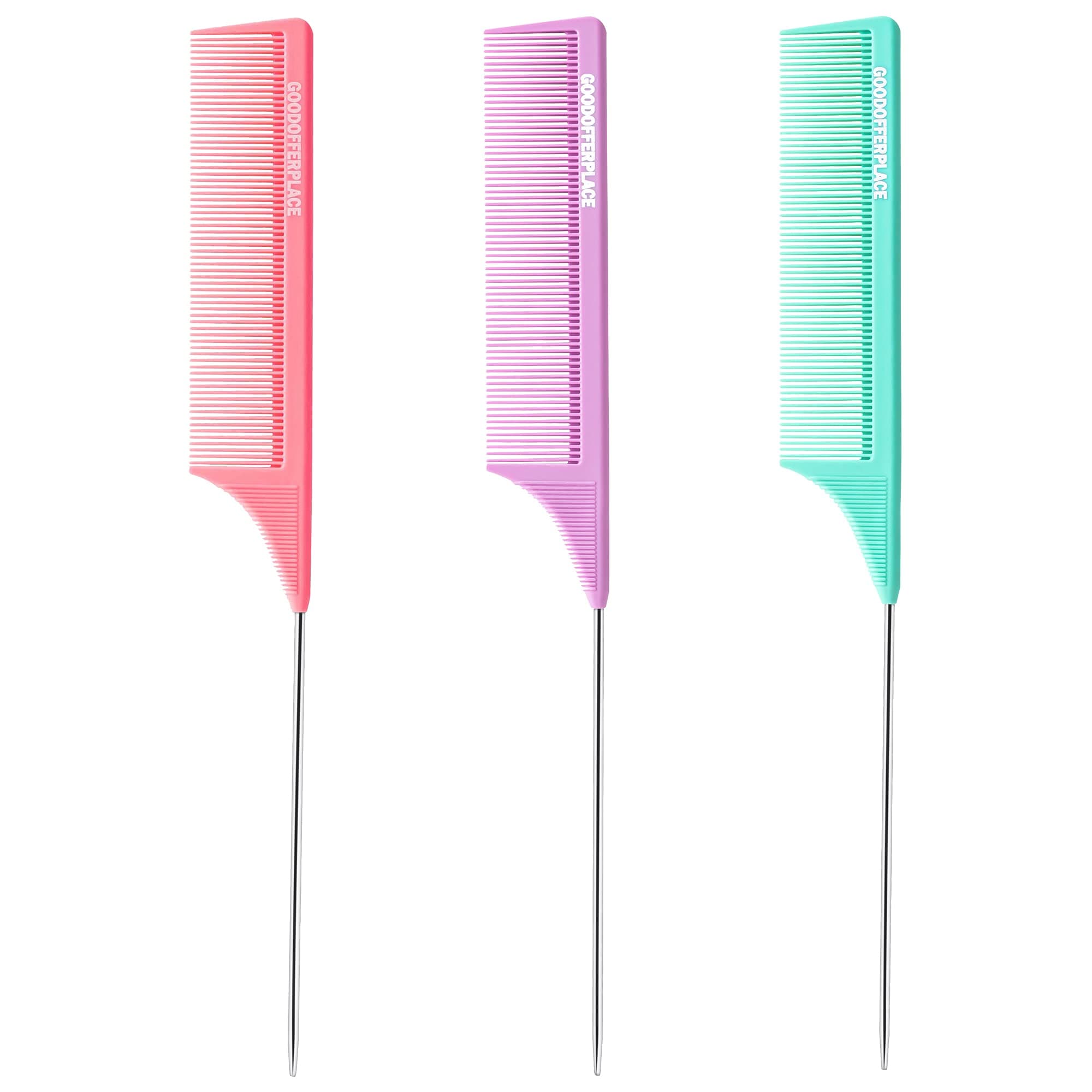 3 PCS Rat Tail Combs Parting Rattail Teasing Fine Tooth Comb with Metal Pick for Curly Hair,Detangling Parting Combs for Women,for Braiding,Styling Hair(Pink Purple Green)