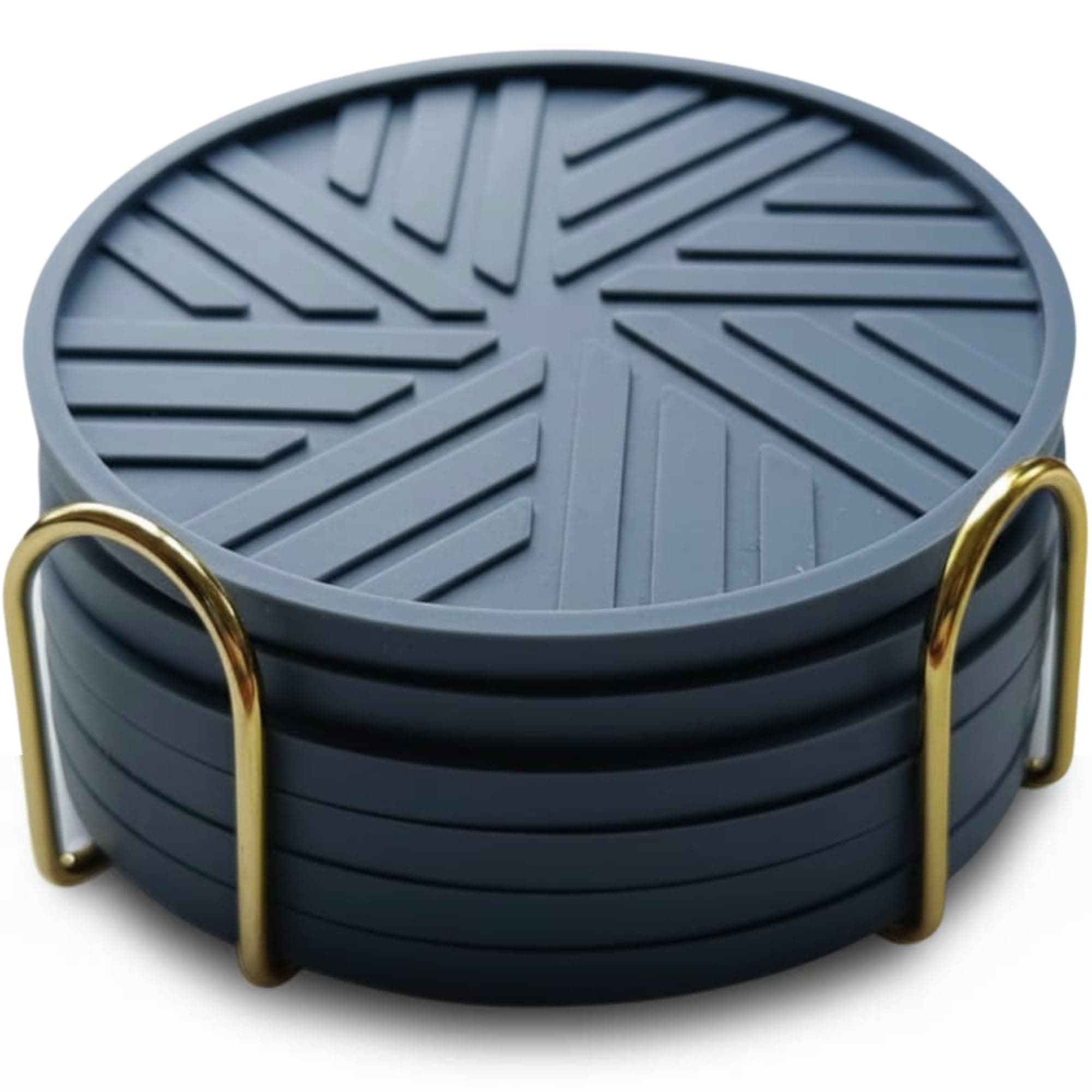 Silicone Coasters for Drinks Set of 6 & Gold Holder with Smart and Modern Groove Patterns - protecs Your Coffee Table from Condensation Mugs, Cups, Home Office bar Decor - Blue Gray Dusty Blue