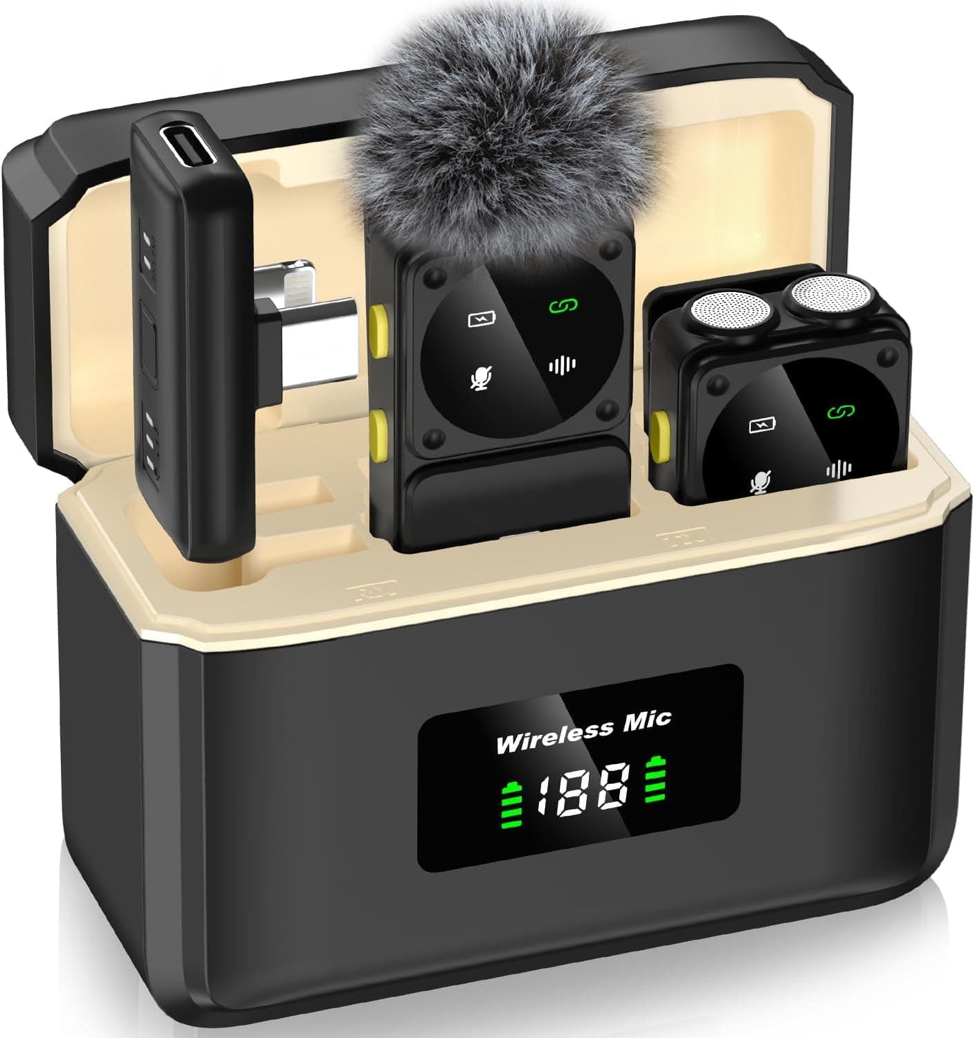 PQRQP Microphone for iPhone/Android, Mini Microphone with Noise Cancellation, 164ft Transmission, 80H Battery Life with Charging Case, Wireless Microphones for Recording, Phantom Power Supplies Atrous Black