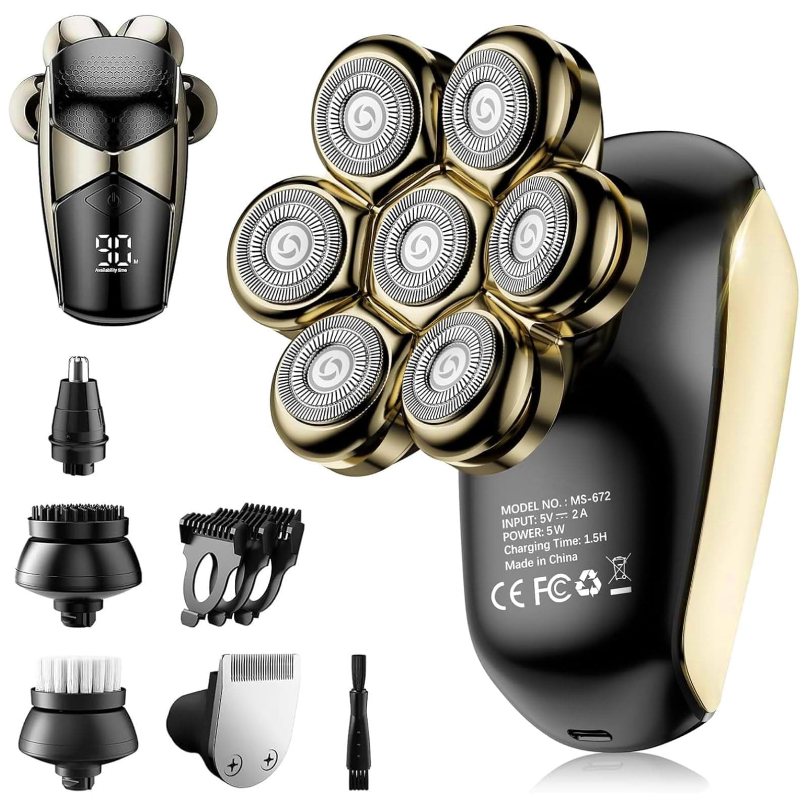 SHPAVVER Head Shavers for Bald Men: 5-in-1 Electric Razor - IPX7 Waterproof Shaving Grooming Kit for Balder - Turbo Speed & Precision Blades (Little Gold)