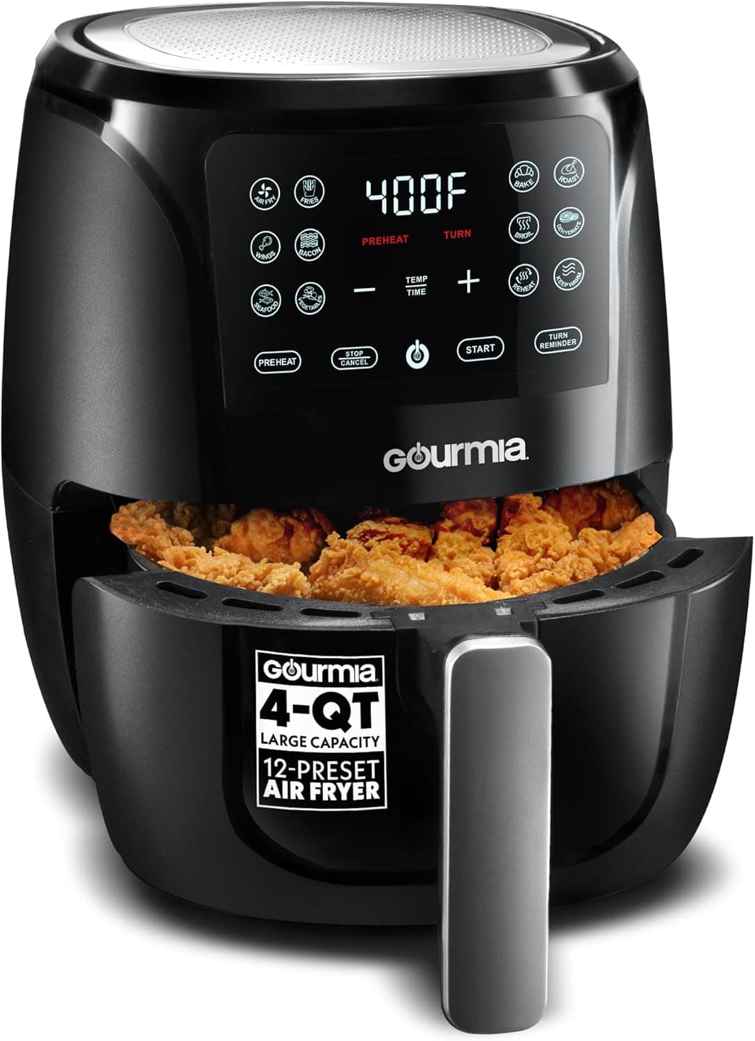 Gourmia Air Fryer Oven Digital Display 4 Quart Large AirFryer Cooker 12 1-Touch Cooking Presets, Black and Stainless Steel Accents Fry Force GAF486 4 Quart Black