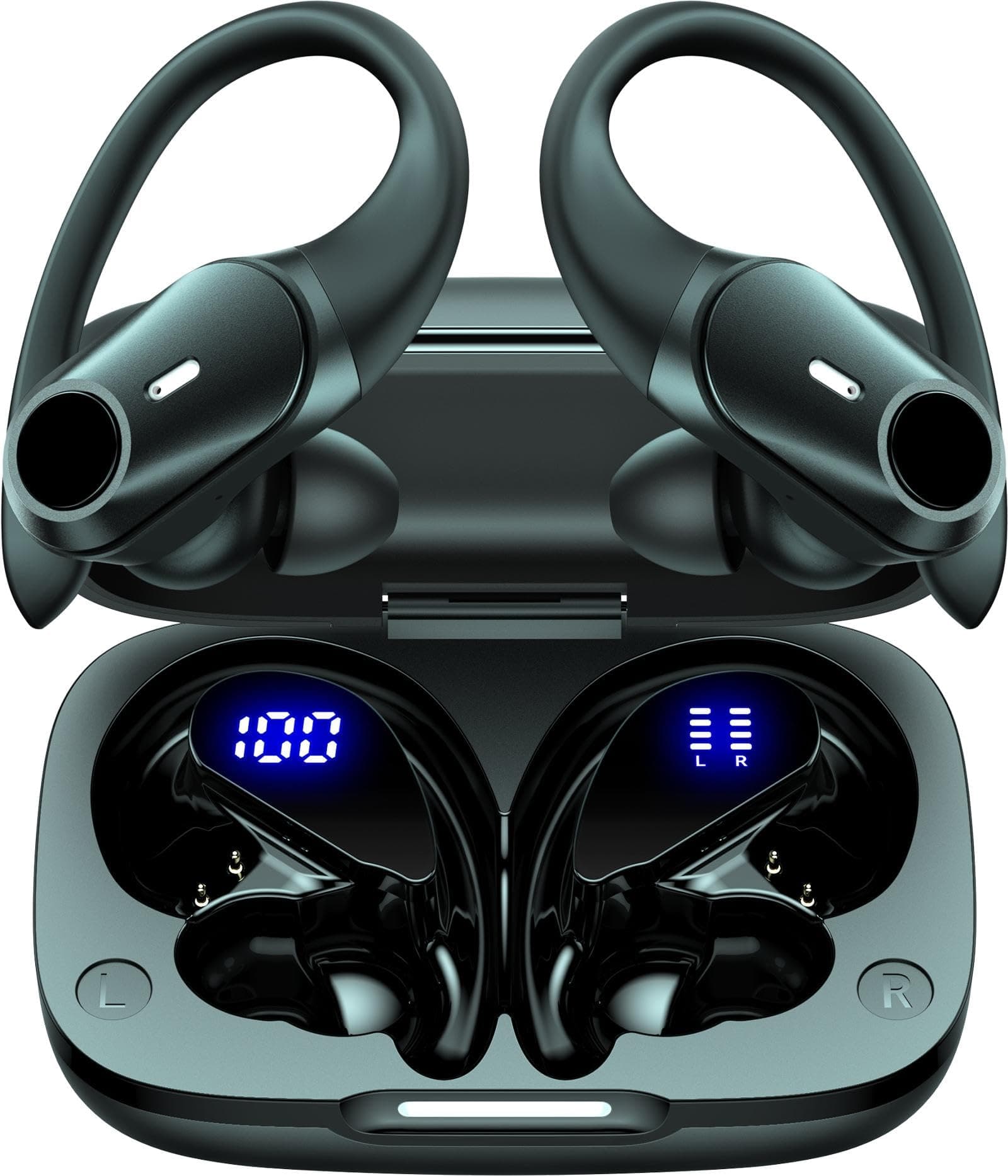 GOLREX Hybrid Active Noise Cancelling Ear Buds Wireless Earbuds Bluetooth Headphones with 80H Playback Wireless Charging Case & Dual LED Display Over Ear Hooks Earphones for Sports Running Gym Workout Black