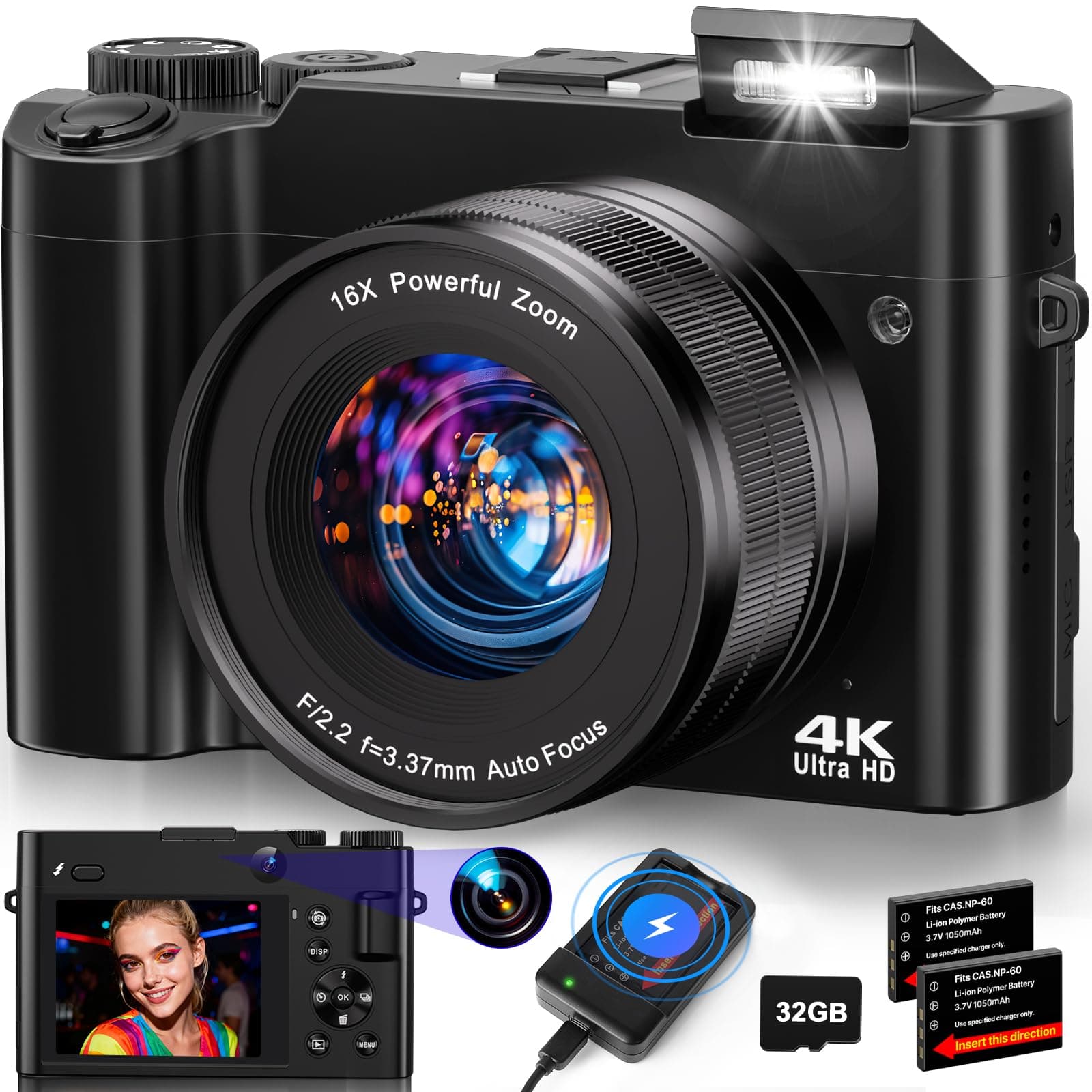 4K Digital Camera for Photography - 64MP Autofocus Vlogging Camera for YouTube with Dual-Lens - 16X Digital Zoom Anti Shake 3'' Selfie Compact Travel Camera with Flash, 2 Batteries, Charging Stand Black