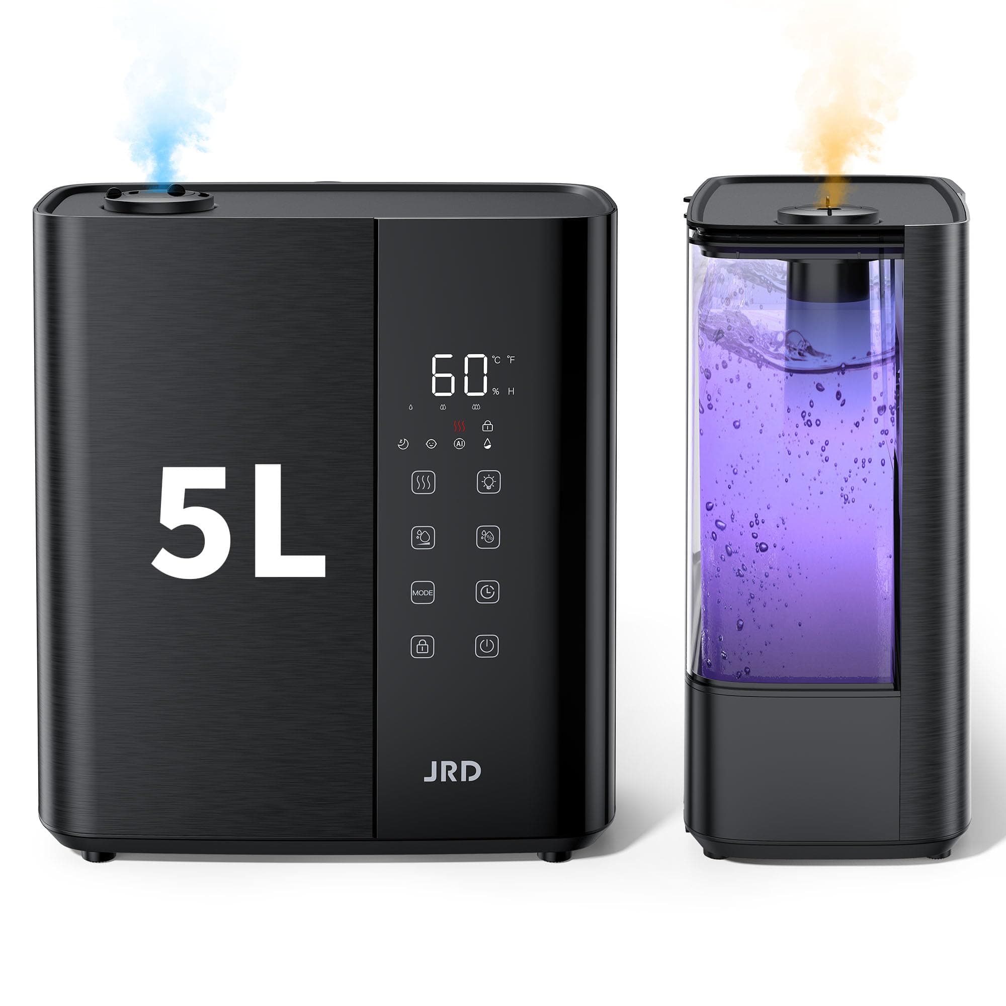 JRD JRD Warm & Cool Mist Humidifiers for Bedroom 5L, Quiet Ultrasonic Air Humidifier Fast Symptom Relief, 50H Runtime, 12H Timer, Oil Diffuser, 7 Color Light for Large Room, Office, Baby, Plants-Black HT-5L Black