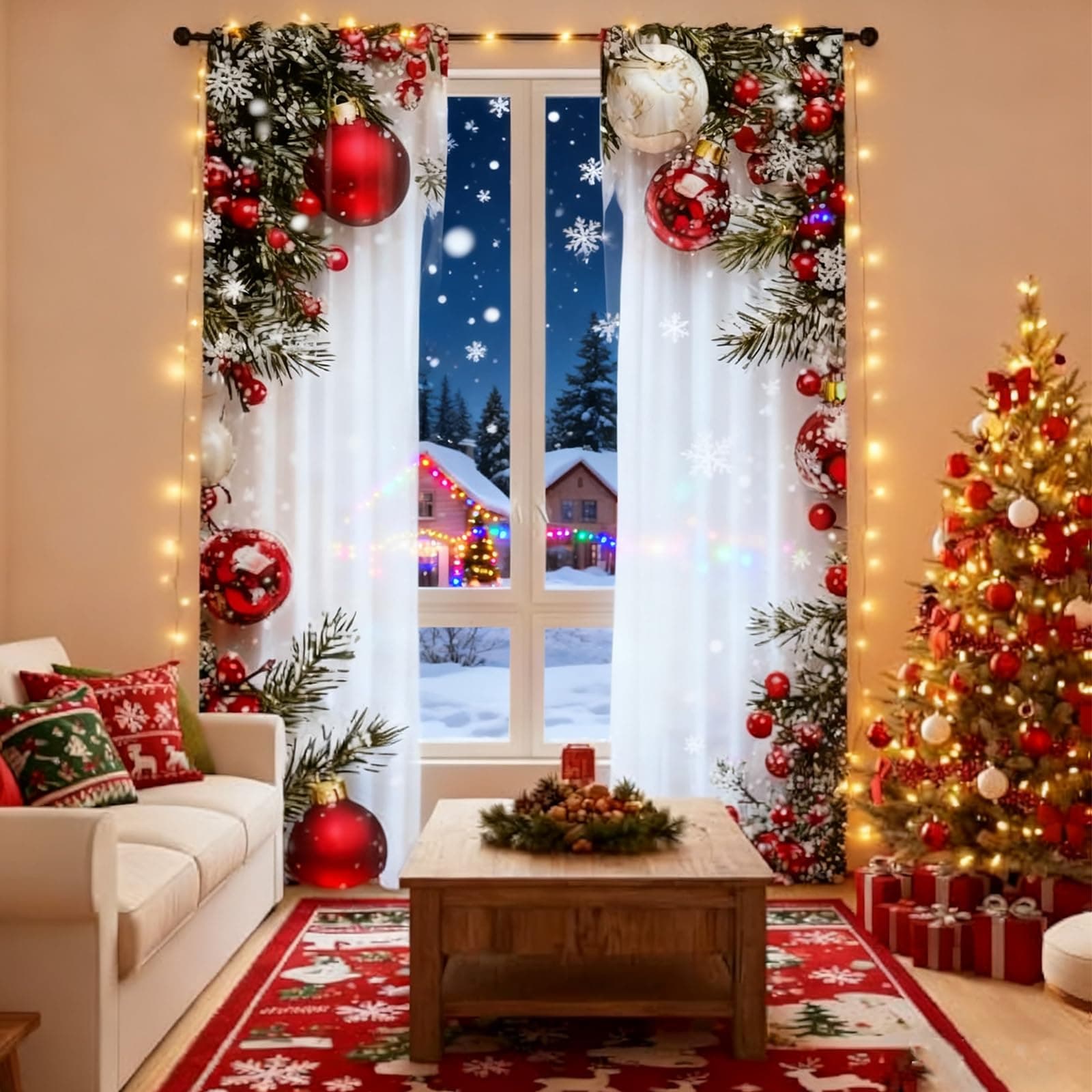 DDRIC Christmas Ball Holiday Printed Curtains, 2 Pieces 2D Flat Printeds Red Luxury Xmas Print Curtains with Snowflakes and Pine Branches, for Bedroom Living Room Holiday Decor (29.5x65inflannel)