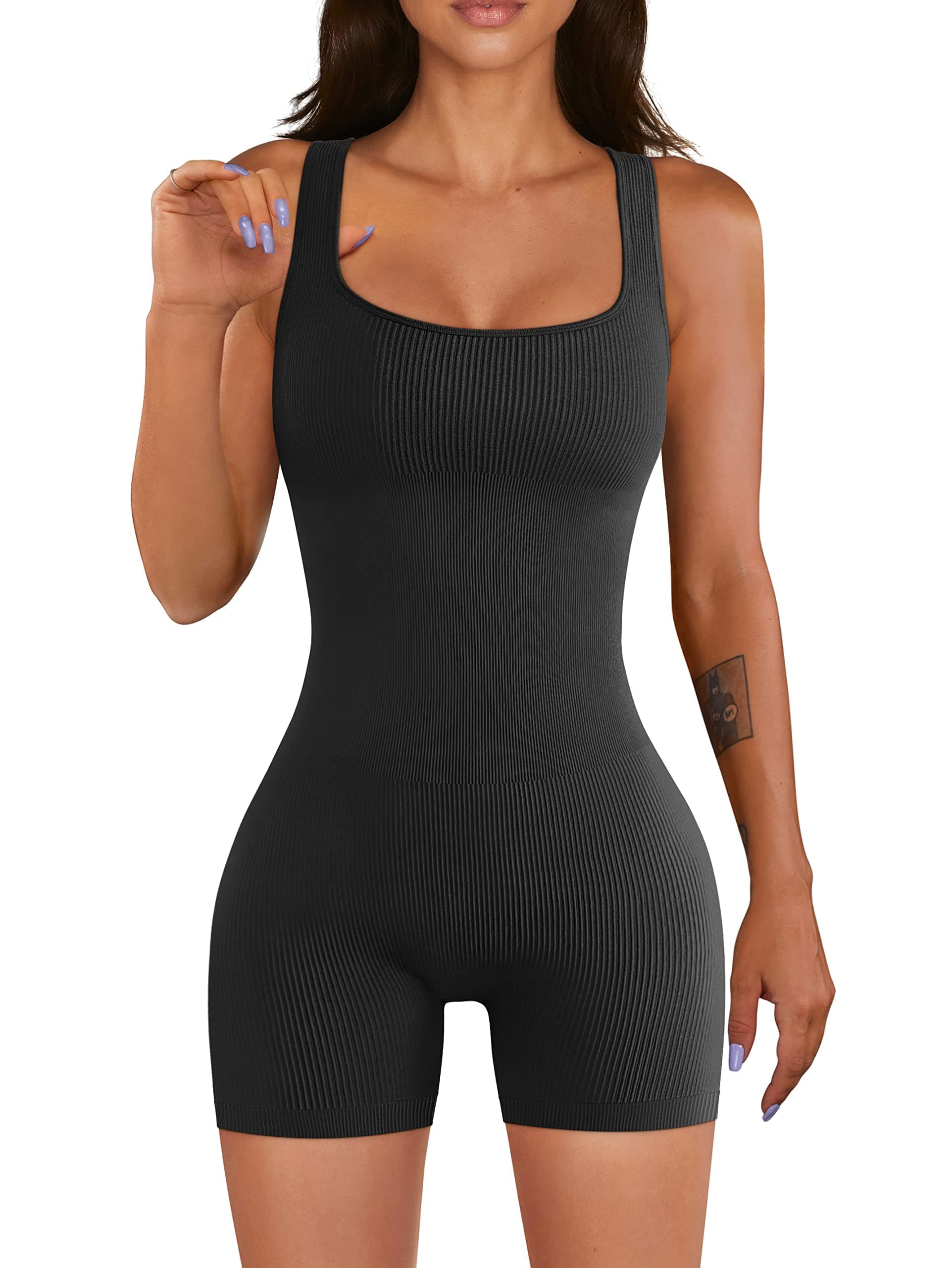 Women Workout Romper Yoga Ribbed Square Neck One Piece Seamless Tank Top Jumpsuit Medium 01black