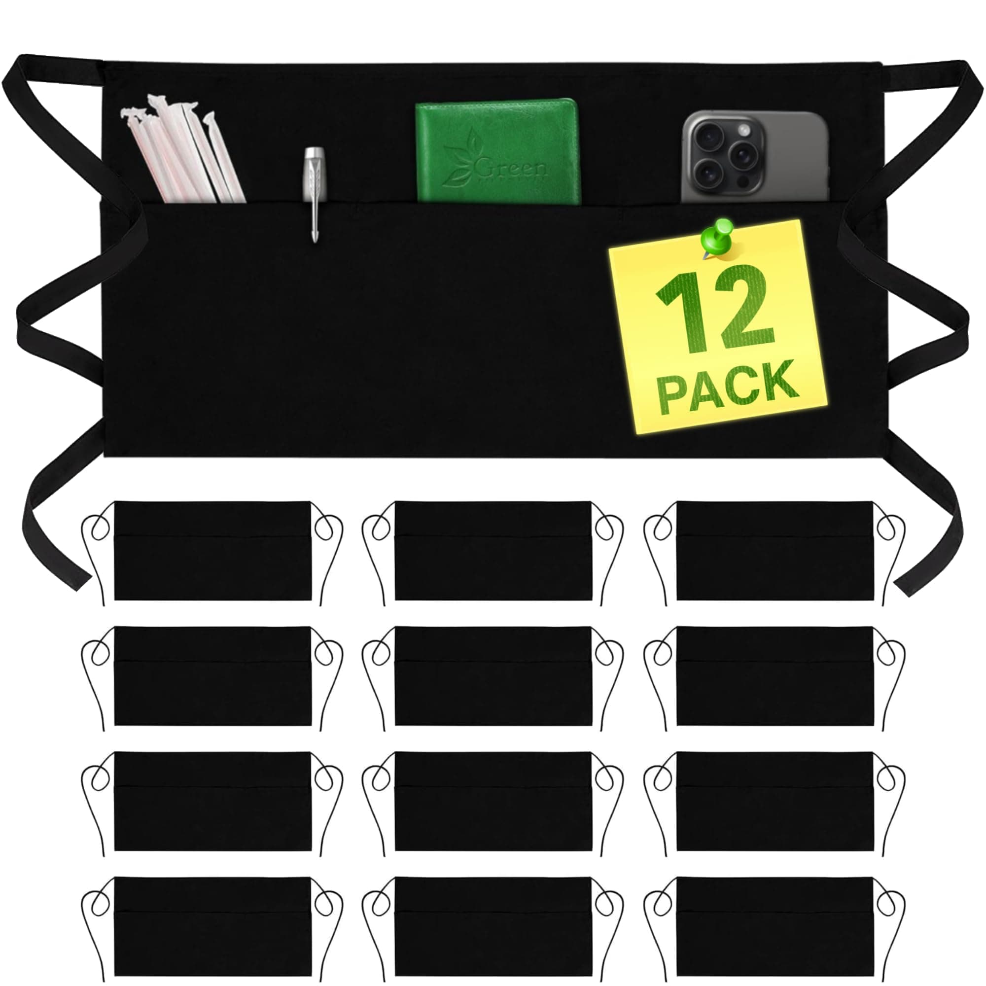 GREEN LIFESTYLE Server Aprons with 3 Pockets - Waist Apron, Waitress Apron for Women and Man, Water Resistant with Long Waist Strap Reinforced Seams, Half Apron (12 Pack - Black) Server - 12 Pack