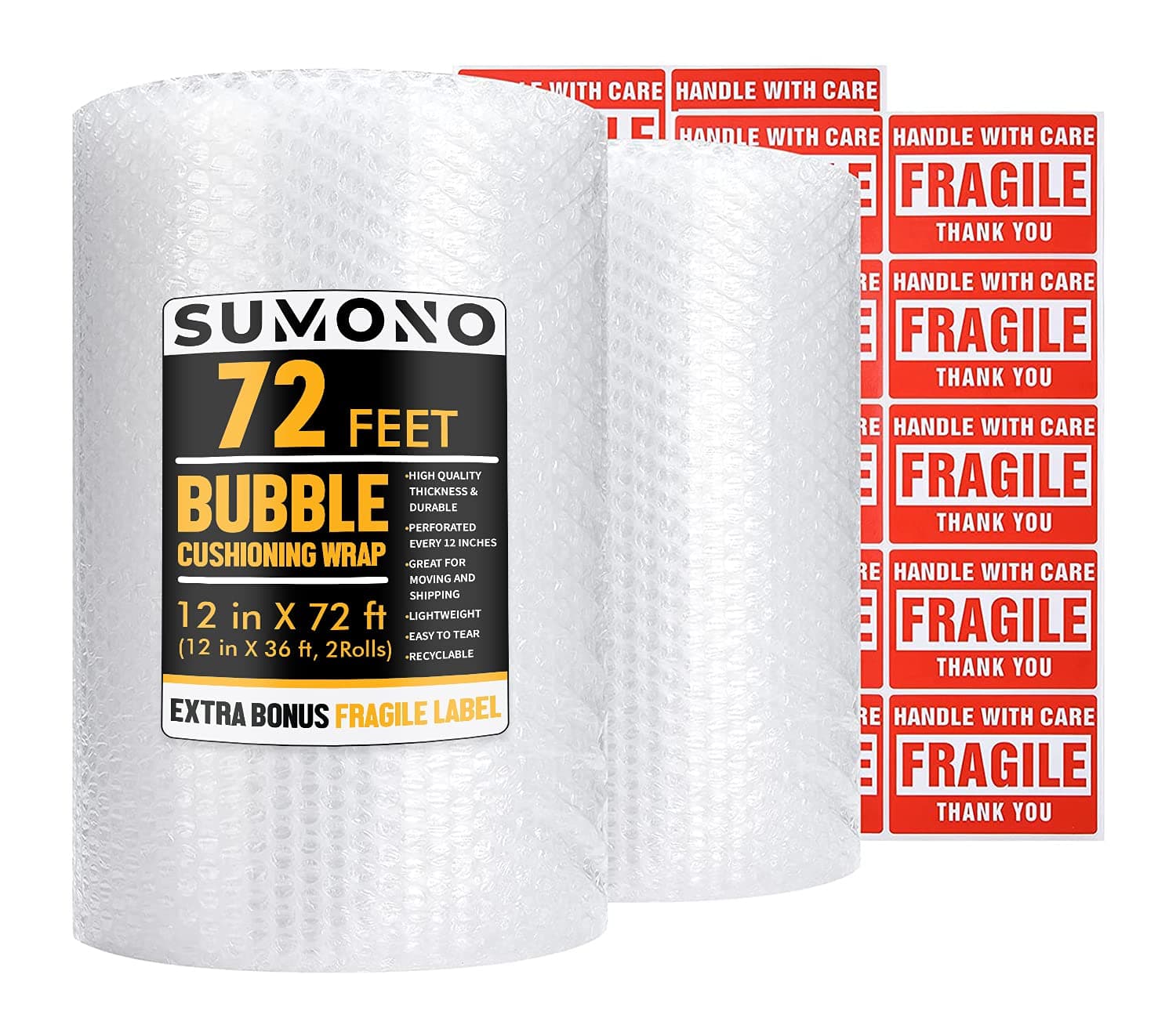 Bubble Cushioning Wrap Roll, Sumono 12 Inch x 72 Feet Total [2 Rolls of 36 Feet] Bubble Roll Perforated 12 Inch Included 20 Fragile Sticker Label 2 Roll: 12inx36ft, Total 72ft