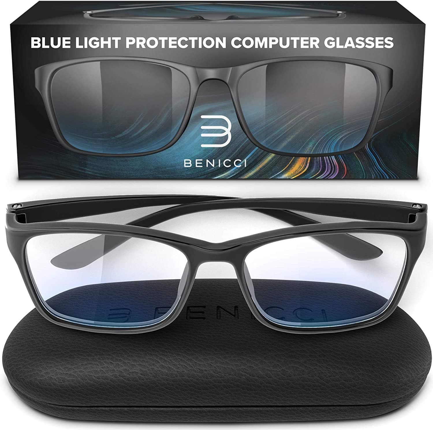 Stylish Blue Light Blocking Glasses for Women & Men – Helps Ease Digital Eye Strain & Headache from Computers, Phones w/Case Black