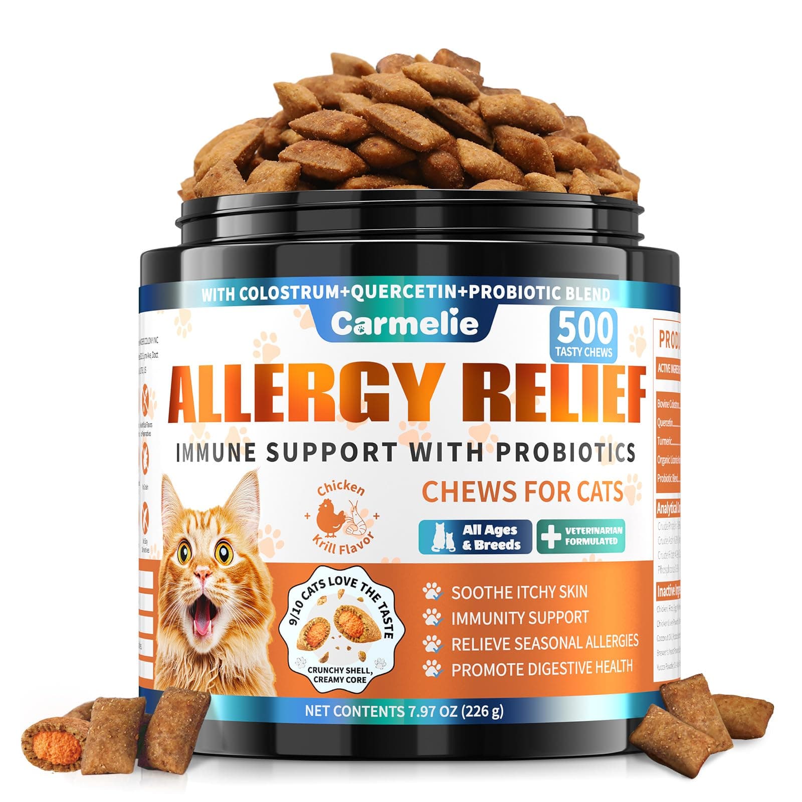 Cat Allergy Relief Treats, 500 Crunchy & Creamy Chews, Allergy Relief for Cats with Colostrum, Probiotics - Itchy Skin & Paw Licking, Immune Support, Seasonal Allergies - Chicken and Krill Flavor