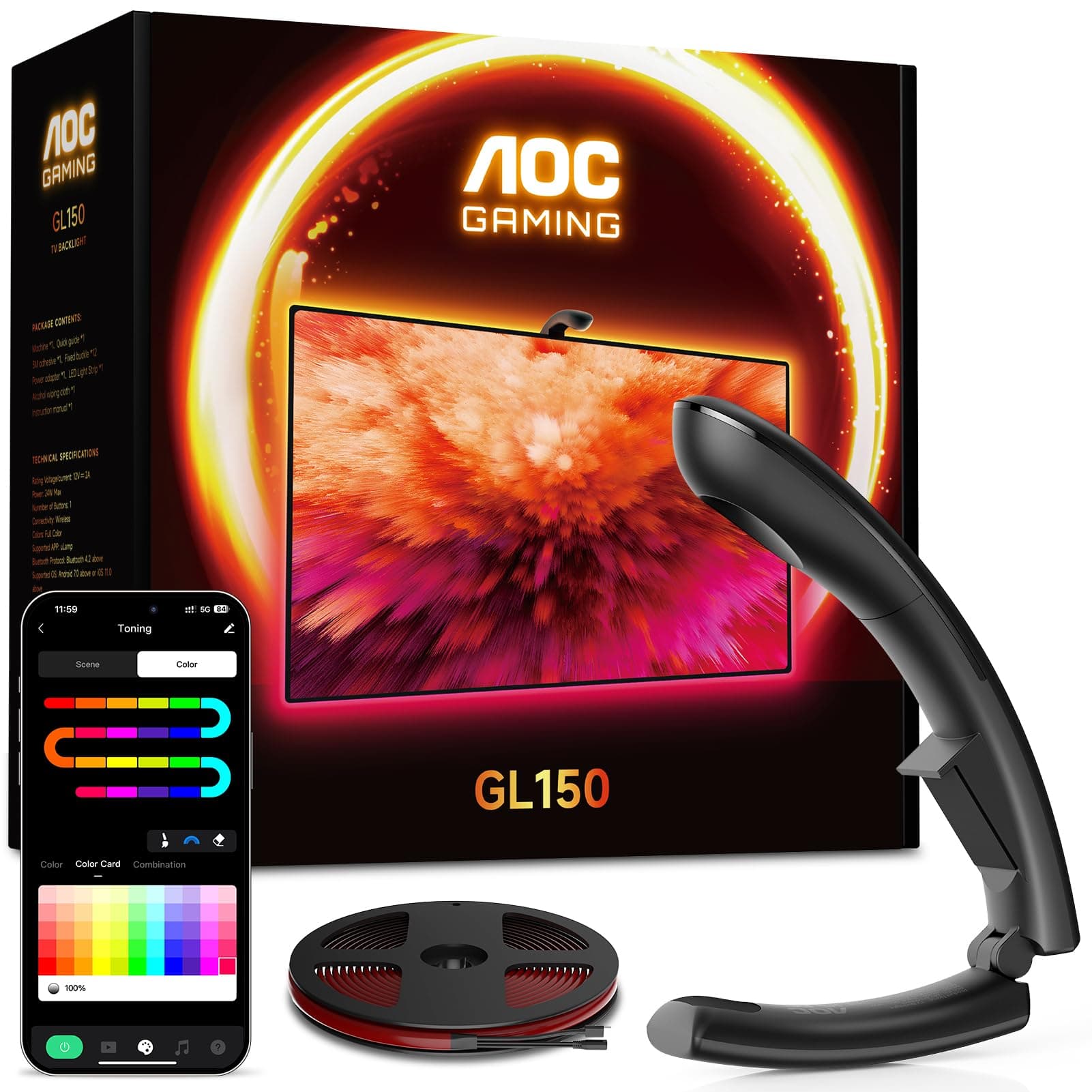AOC TV Backlight Sync to Screen, Behind TV LED Changing Lighting for 75-85 Inch TVs, RGB LED Strip Lights for Home Decorations Smart App Control, Movie Game Music & DIY Mode, 18.0FT 18.0FT for 75''-85'' TV