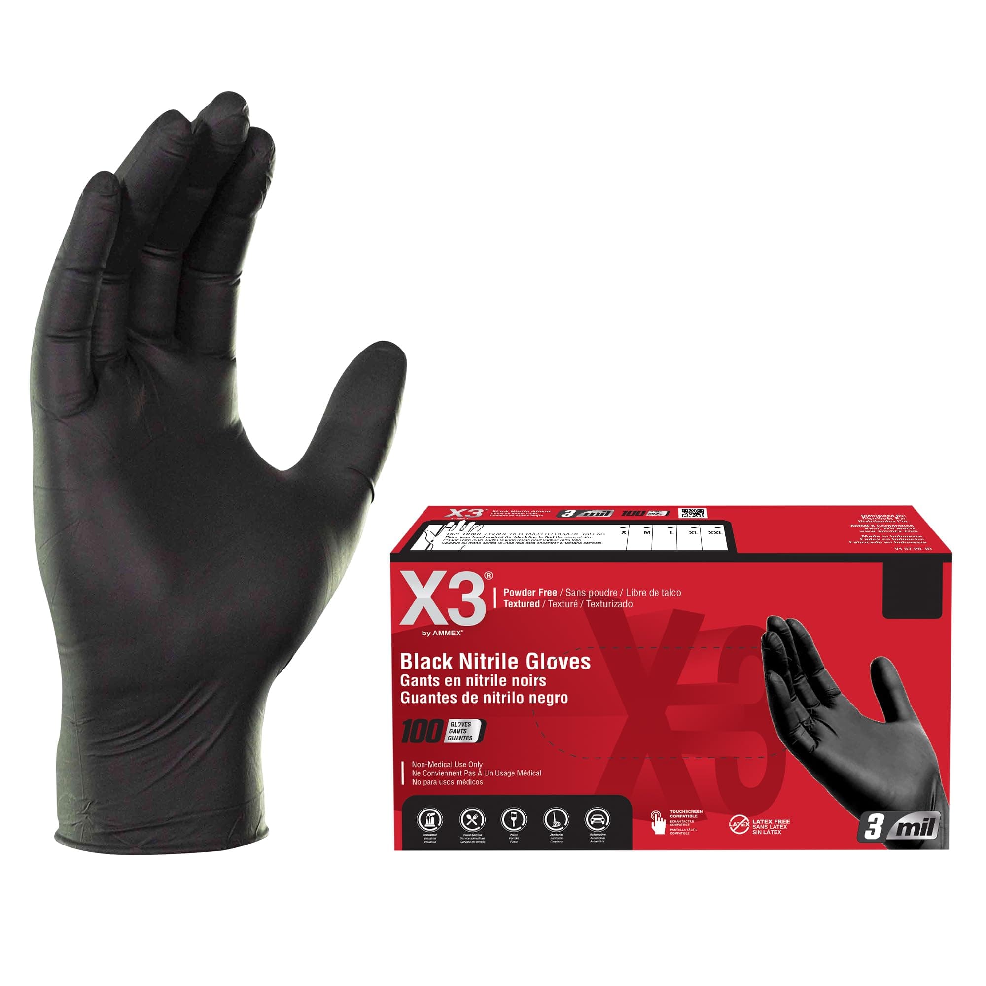 AMMEX X3 Black Nitrile Gloves for cooking Food Prep, Disposable, Latex Free, 3 Mil, Powder-Free, Lightly Textured Medium 100