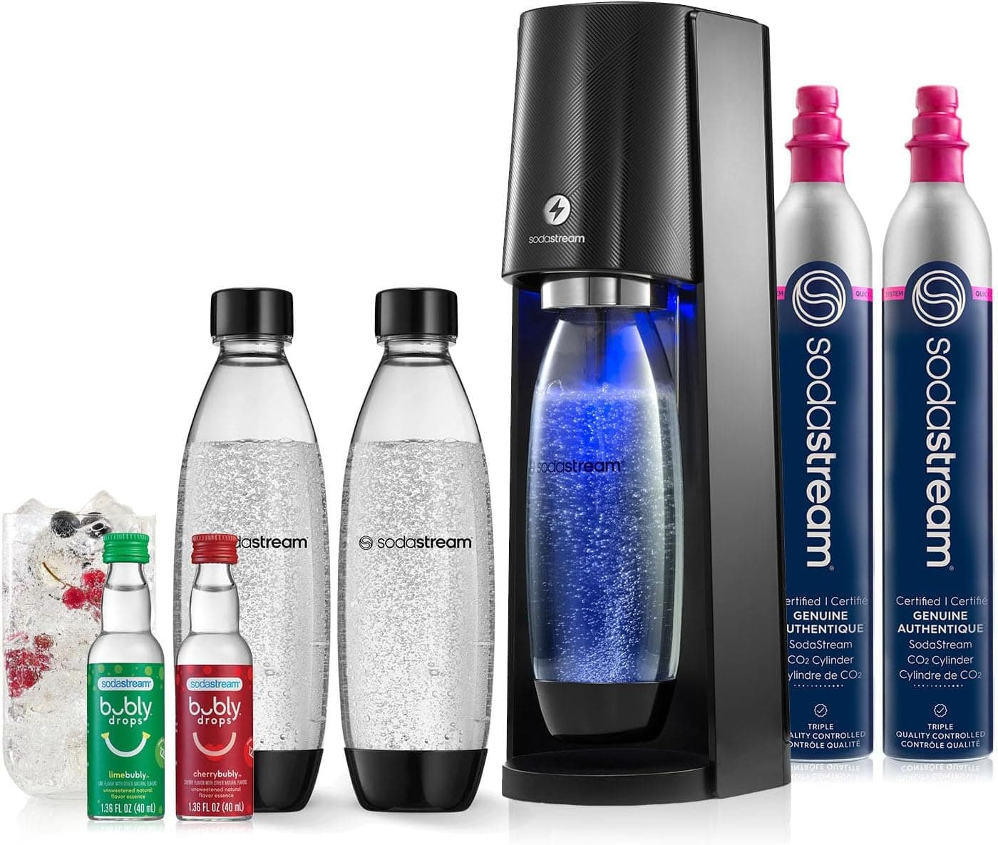 SodaStream - E-TERRA Soda Maker | VALUE BUNDLE | 3 Automatic Carbonation Levels | Includes 2x CO2 Cylinders, 3x 32 Fl Oz Dishwasher Safe Bottles, 2x Bubly Fruit Flavor Drops, 1x Power Adapter | Black Bundle Black