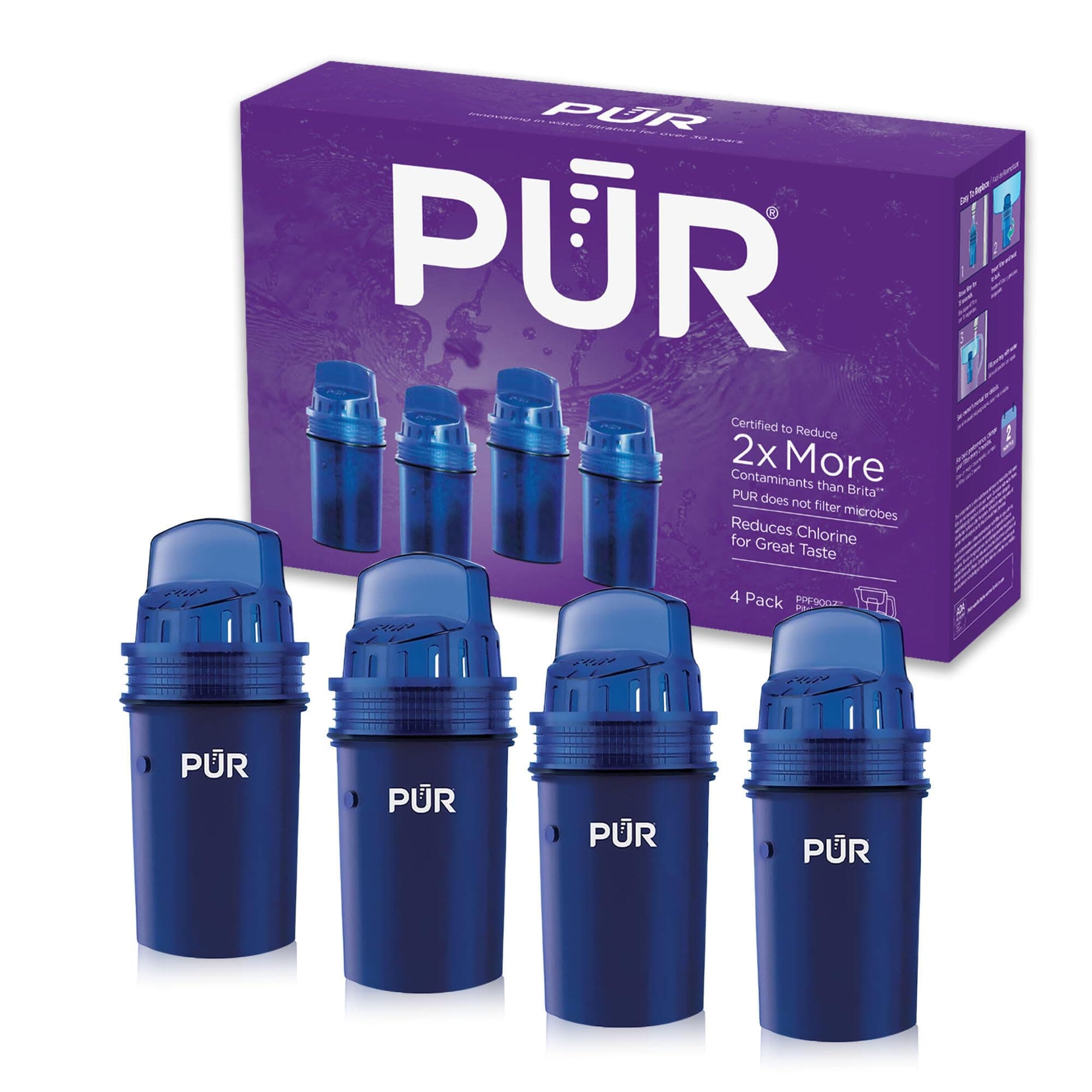 PUR Water Pitcher & Dispenser Replacement Filter 4-Pack, Genuine PUR Water Filter, 2-in-1 Powerful and Faster Filtration, 8-Month Value, Blue (PPF900Z4) 4 PACK Filter