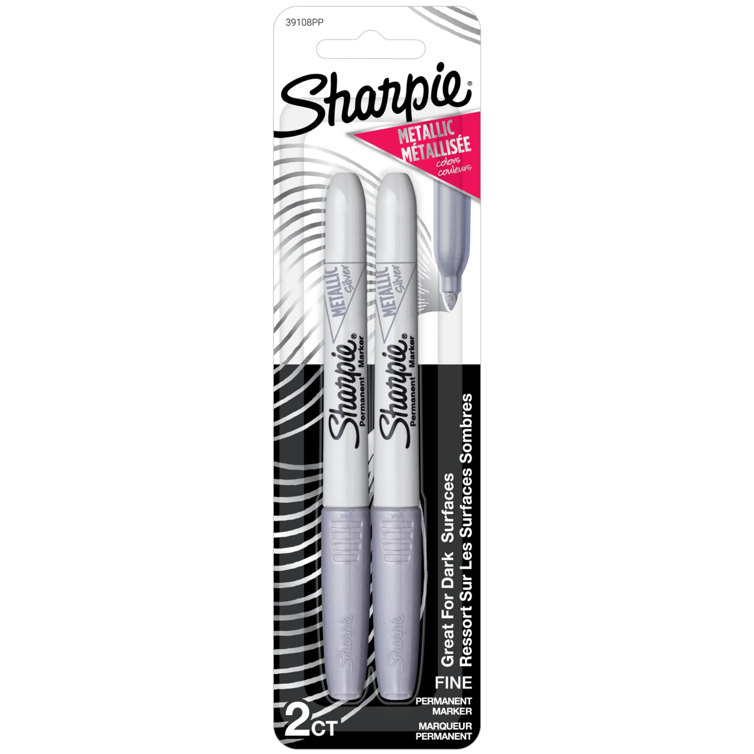 Sharpie Metallic Permanent Markers, Fine Point, Silver, 2 Count 2 Count Silver