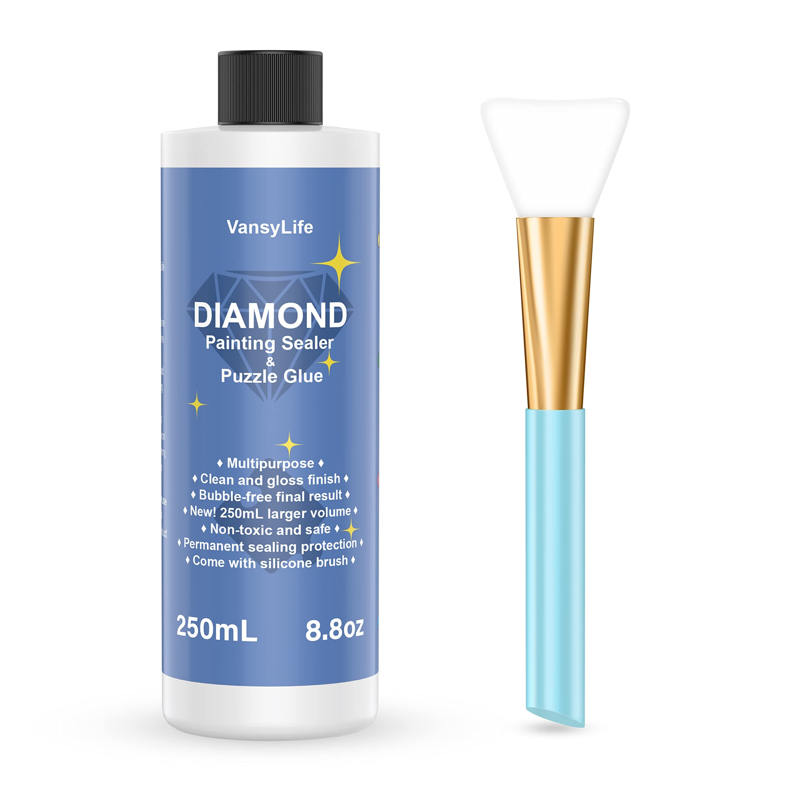 Updated Diamond Painting Sealer 250ML with Silicone Brush, 5D Diamond Painting Glue Accessories Permanent Hold & Shine Effect for Diamond Painting and Jigsaw Puzzles (8.8 OZ) 250mL x 1
