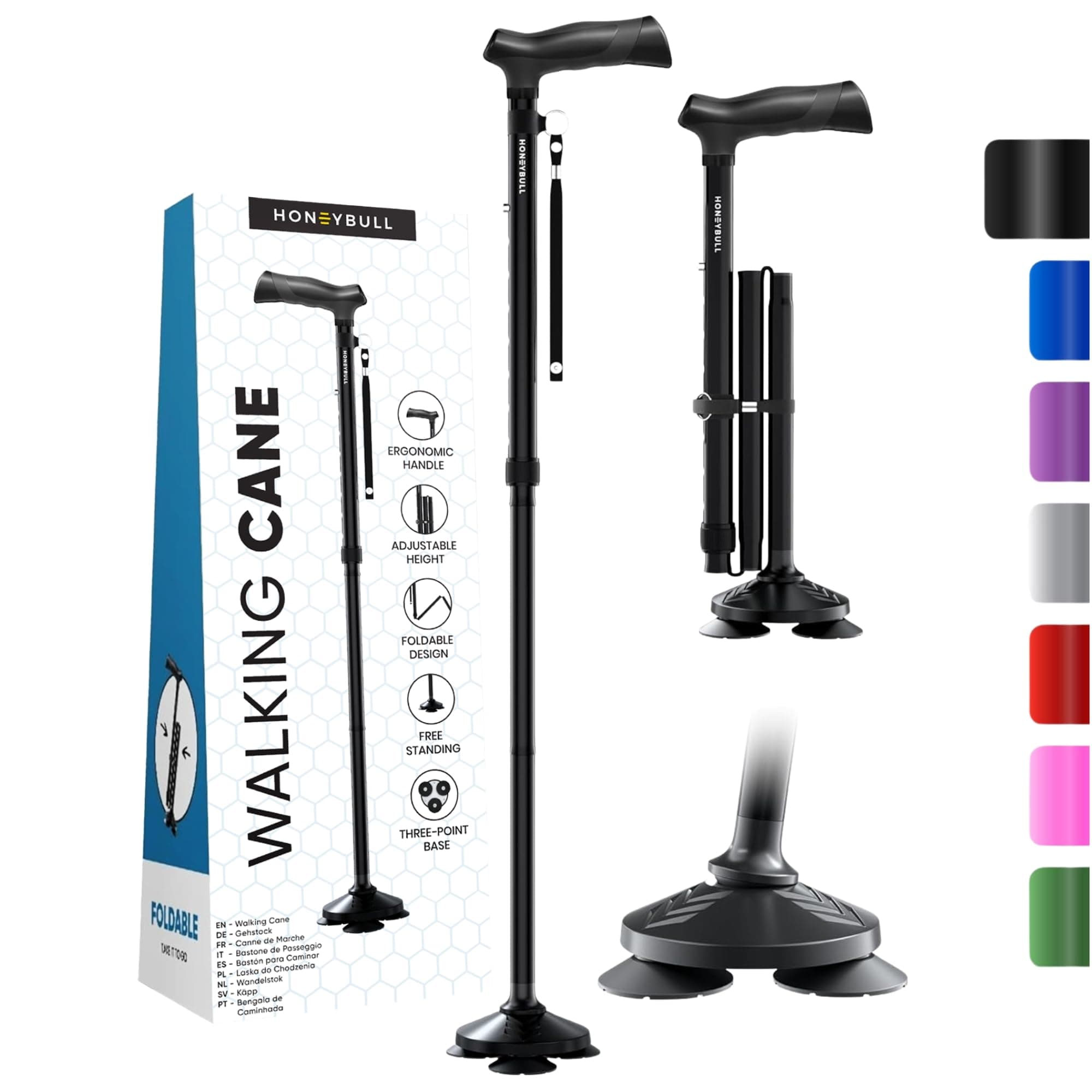 Walking Cane for Men & Women Foldable, Adjustable, Heavy Duty, Free Standing, All Terrain, Collapsible Walking Sticks for Seniors & Adults Black