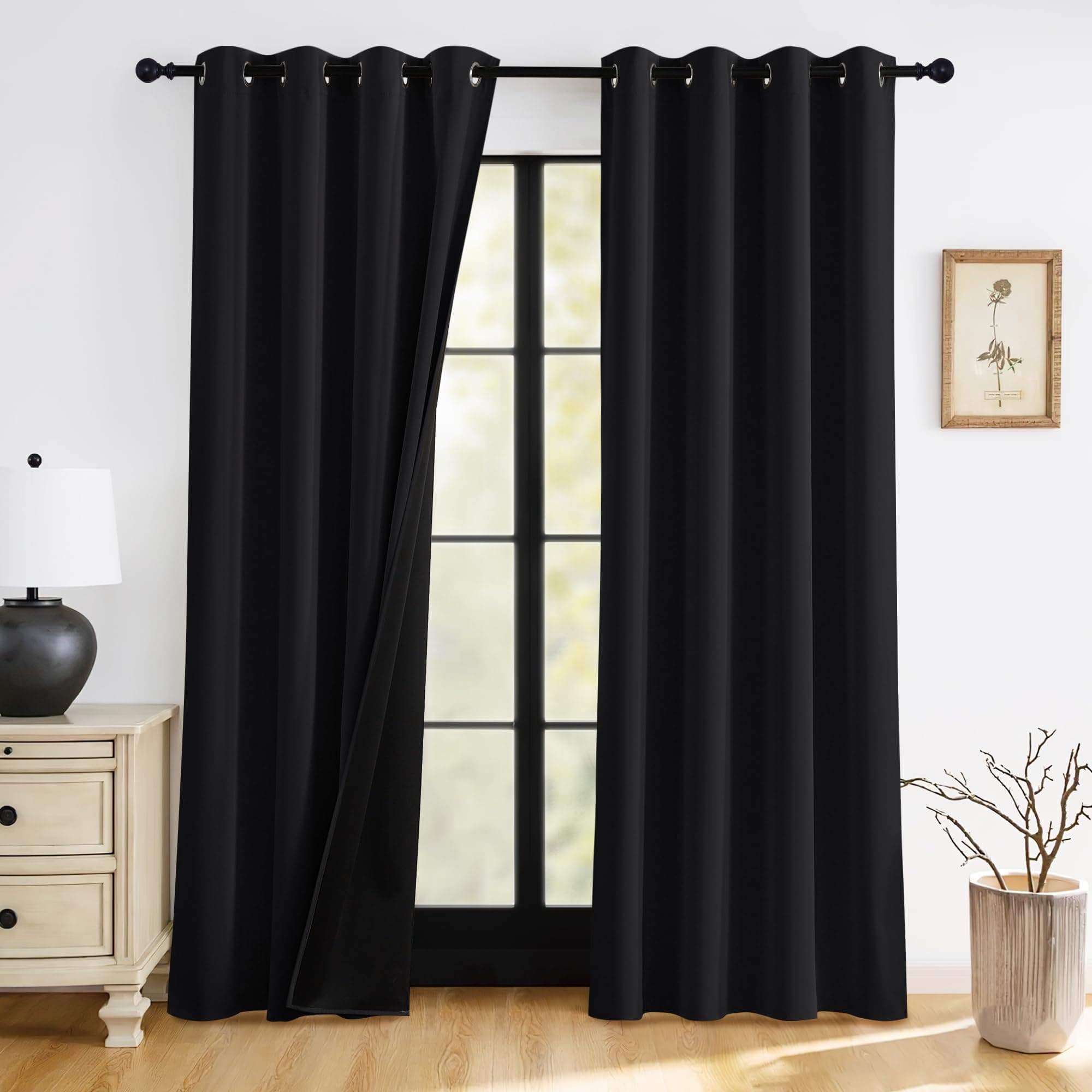 RYB HOME 100% Blackout Black Curtains for Bedroom Living Room, Thermal Insulated Heat Blocking Noise Reducing Window Curtains & Drapes for Kids Room, 52 inches Wide by 84 inches Long, 2 Panels Set 52"W x 84"L (Pack of 2) Black