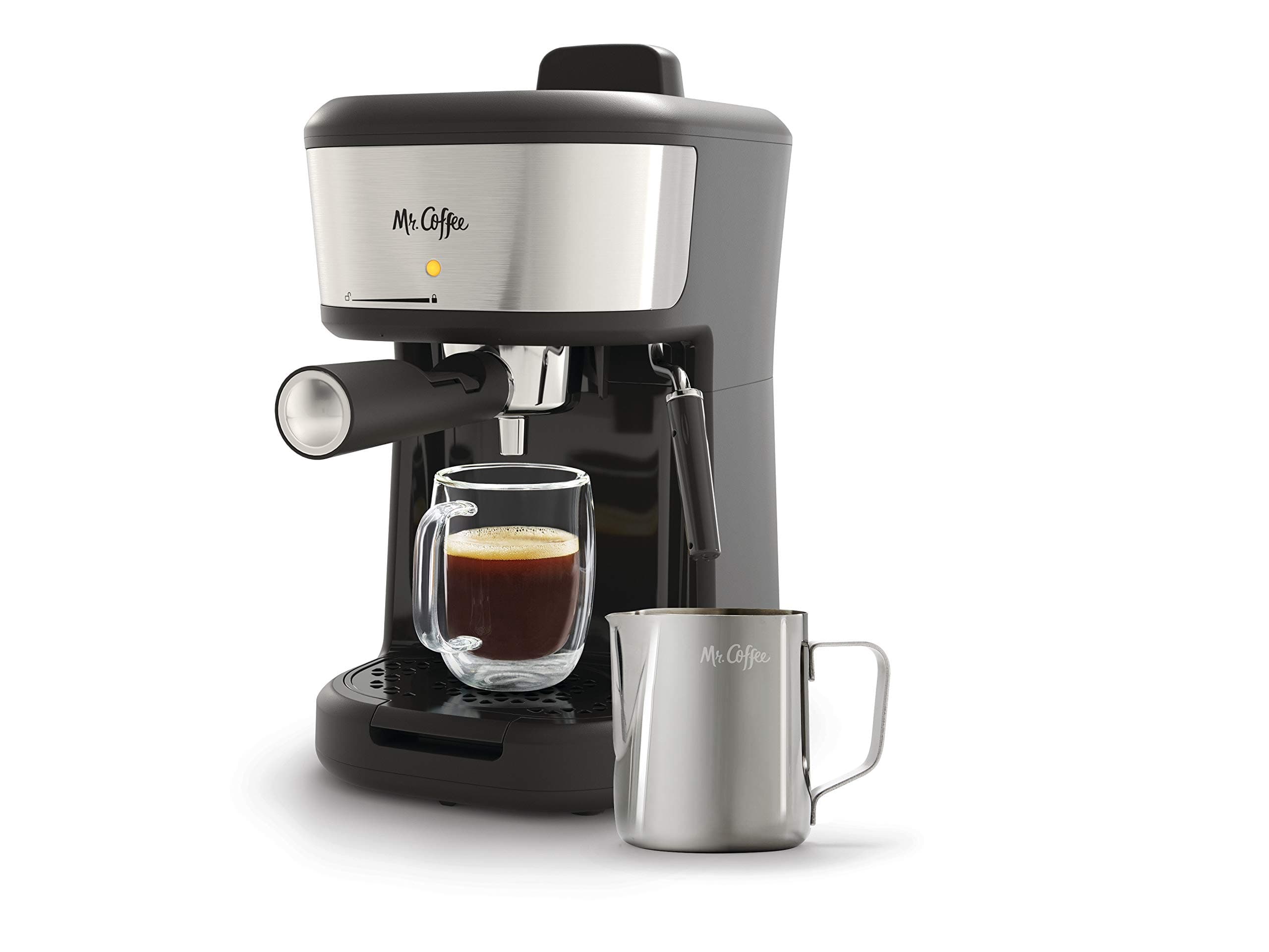 Mr. Coffee Espresso and Cappuccino Machine, Single Serve Coffee Maker with Milk Frothing Pitcher and Steam Wand, 20 ounces, Stainless Steel,Black Rounded Design