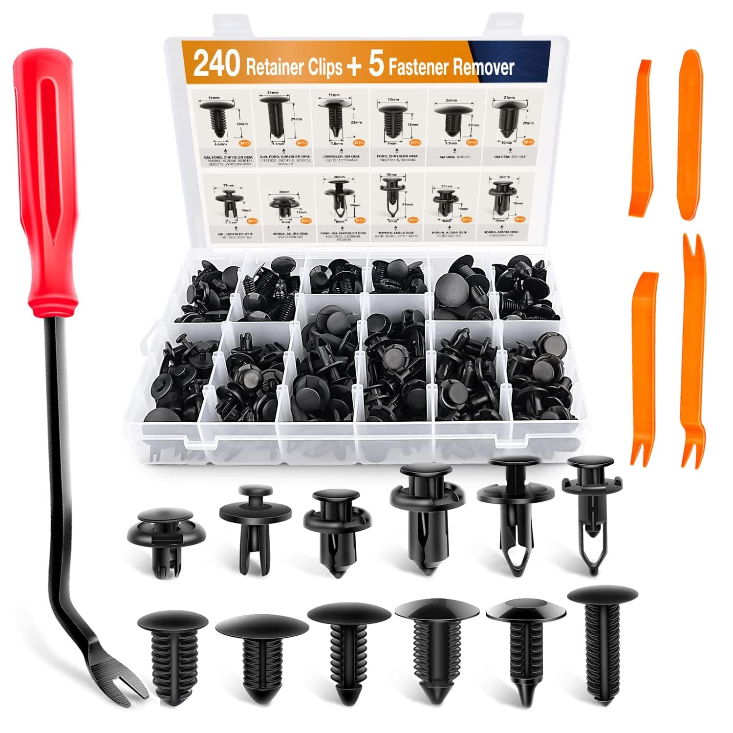 GOOACC - GRC-33 240PCS Bumper Retainer Clips Car Plastic Rivets Fasteners Push Retainer Kit Most Popular Sizes Auto Push Pin Rivets Set -Door Trim Panel Fender Clips for GM Ford Toyota Honda Chrysler 240Pcs Clips + 5 Remover Retainer Kit