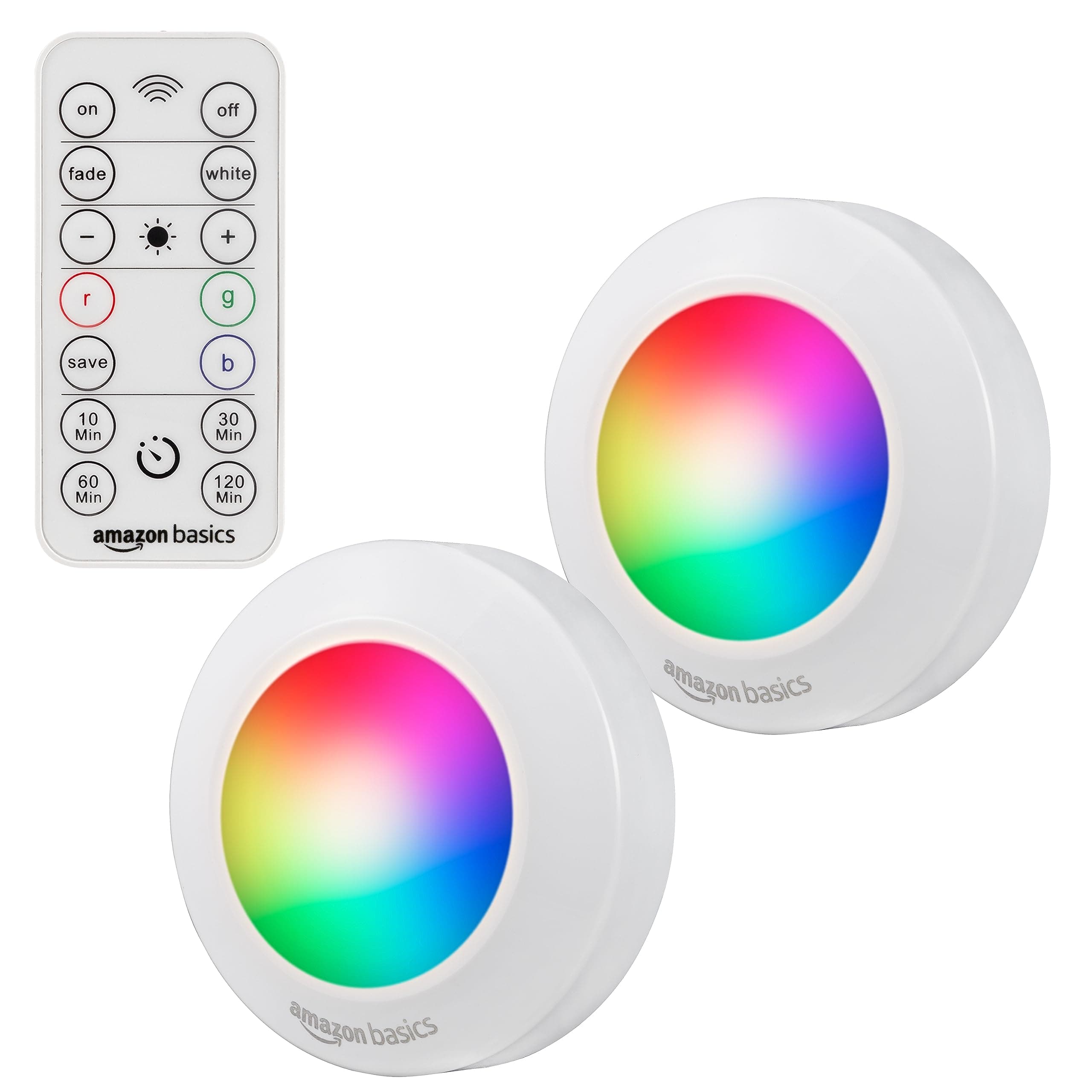 Amazon Basics LED Puck Lights, Color Changing, Battery Operated, IR Remote, 40 Lumens, 2 Pack, Wireless Stick on Lights, Under Cabinet Lighting, Ideal for Closets, and More, White Motion Sensor Puck Light with IR Remote