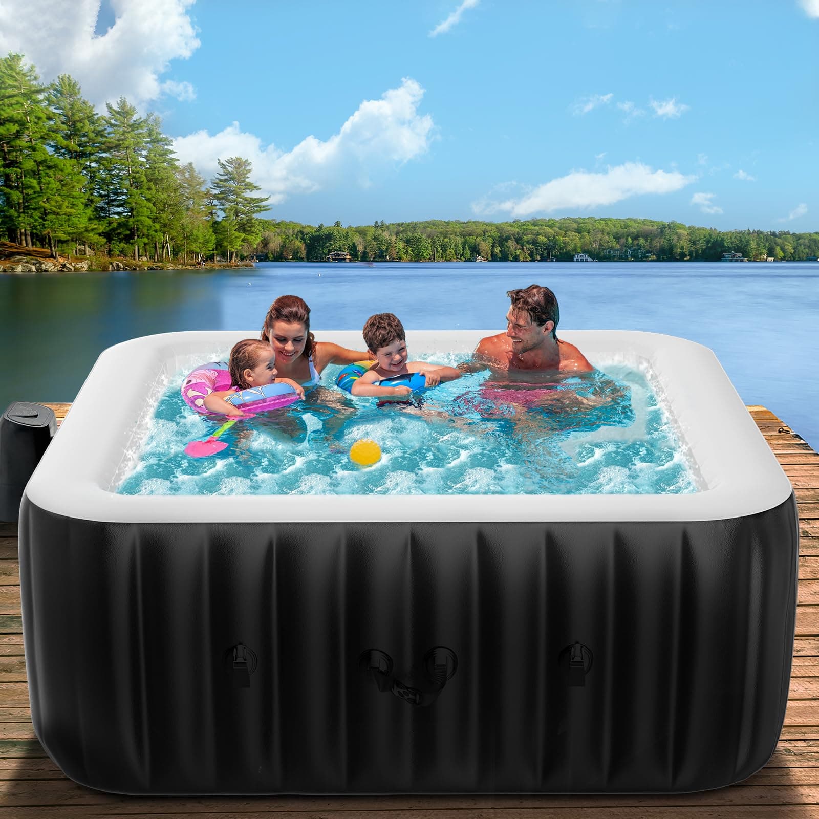 4-6 Person Inflatable Blow Up Hot Tub, Square Portable Hot Tub, Leak-Proof PVC Outdoor Spa with 130 Strong Air Jets, Heater Pump and Insulated Cover, 73” X 73”X 25”