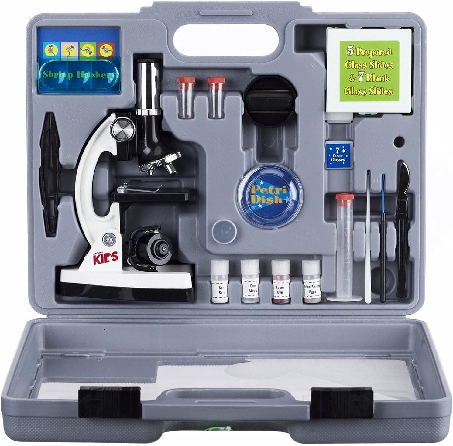 AmScope 120X-1200X 52-pcs Beginner Microscope STEM Kit with Metal Body Microscope, Plastic Slides, LED Light and Carrying Box (M30-ABS-KT2-W),White Microscope Kit A) White Microscope Kit
