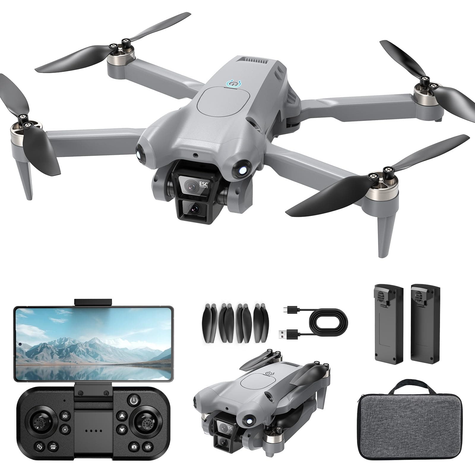 PRO Drone with Camera for Adults 4K, Brushless Motors Drone for Kids Beginners, 40mins Flight Time with 2 Batteries, FPV Foldable RC Quadcopter, Toys Gifts for Teen Boys Girls, Beginner（Grey）