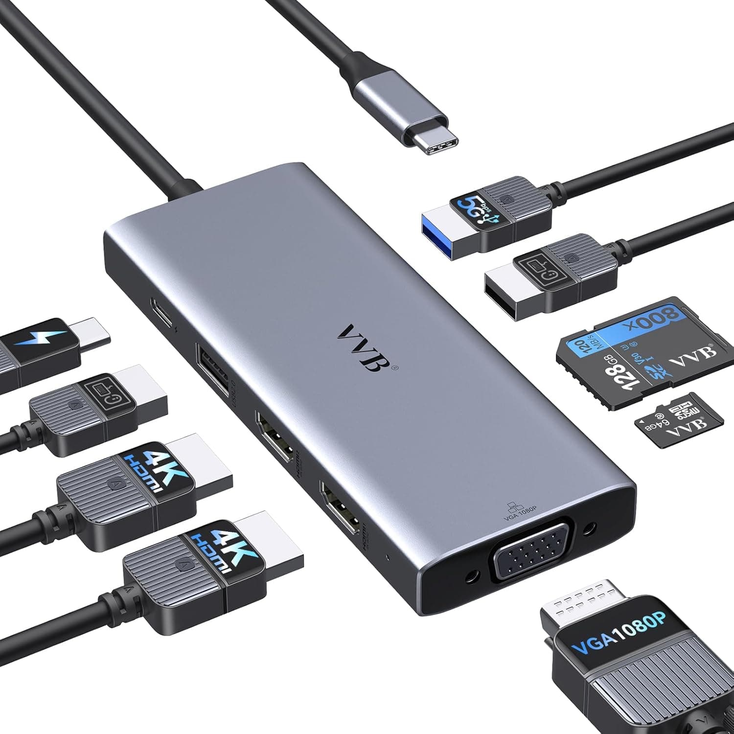 USB C Docking Station Dual Monitor HDMI Adapter for Dell HP Lenovo,Laptop Docking Station 3 Monitors USB C Hub Multiple Adapter Dongle with 2 HDMI 4K+VGA+100W PD Charger+3 USB Port+SD/TF Card Reader 9 Ports HDMI+DisplayPort+VGA