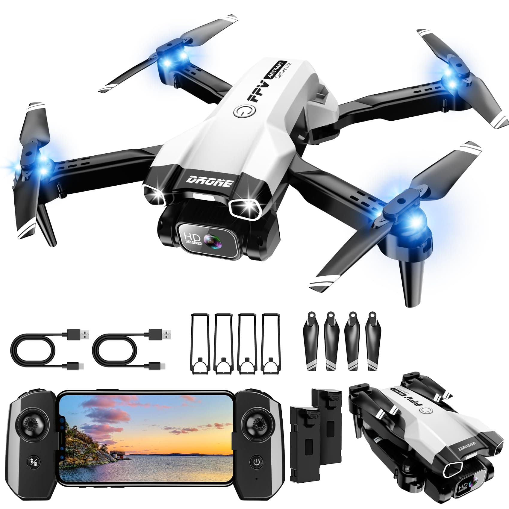 1080P Mini Drone with Camera, Drone for Beginners with Light, WiFi Transmission, One Key Start, Gestures Selfie, Waypoint Fly, 3D Flip, Headless Mode and App Control White