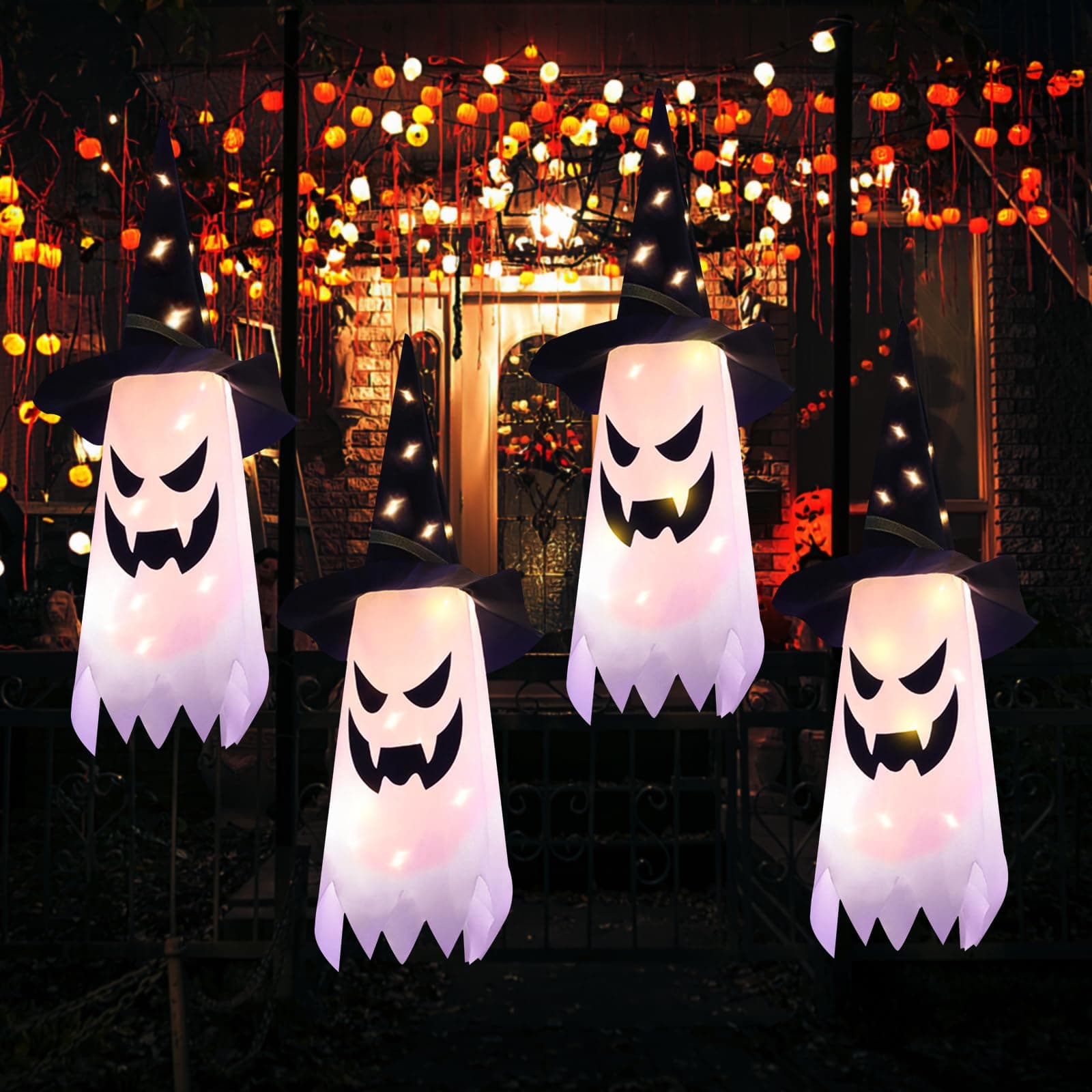 Halloween Decorations Glowing Ghost Witch Hat Halloween String Lights - Indoor/Outdoor Hanging Decor for Home, Garden & Tree (4Pcs) Warm White