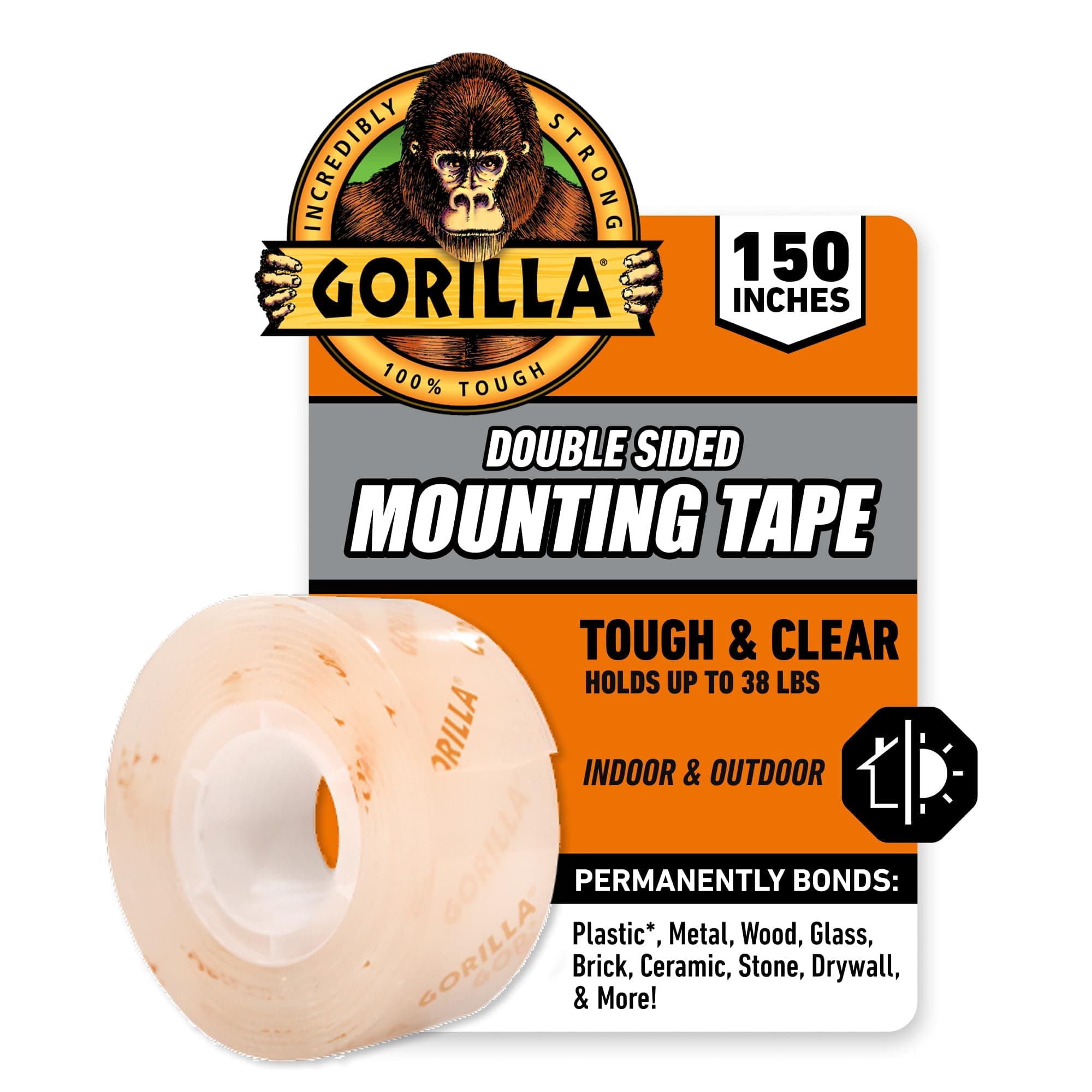 Gorilla Tough & Clear Double Sided Mounting Tape, Clear Tape, 1" x 150" (Pack of 1) - Weatherproof for Indoor or Outdoor 1 - Pack