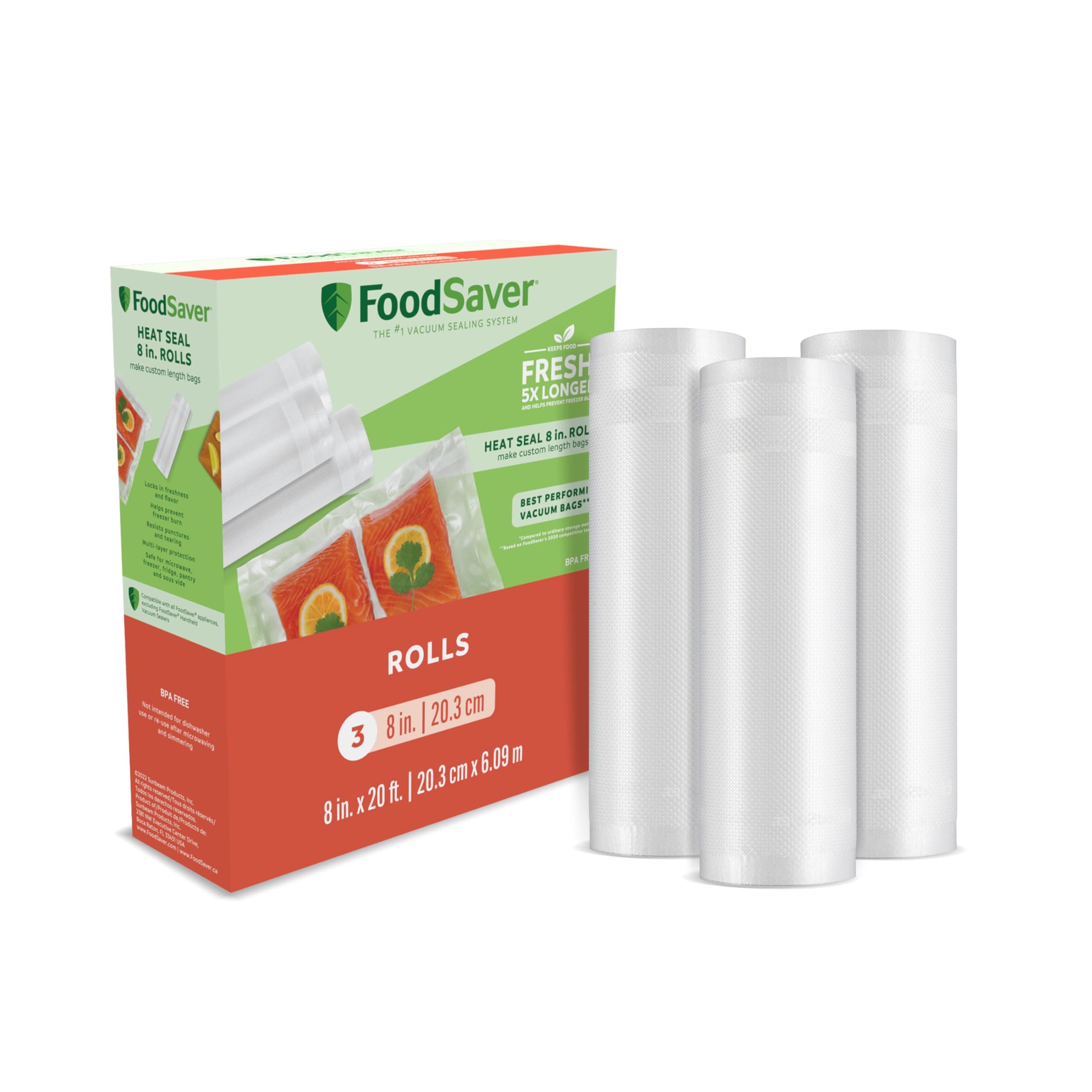 FoodSaver Custom Fit Airtight Food Storage and Sous Vide Vacuum Sealer Bags, 8 x 20' (Pack of 3), Perfect for Meal Prep and Sous Vide Cooking Rolls 3-Pack (8 x 20')